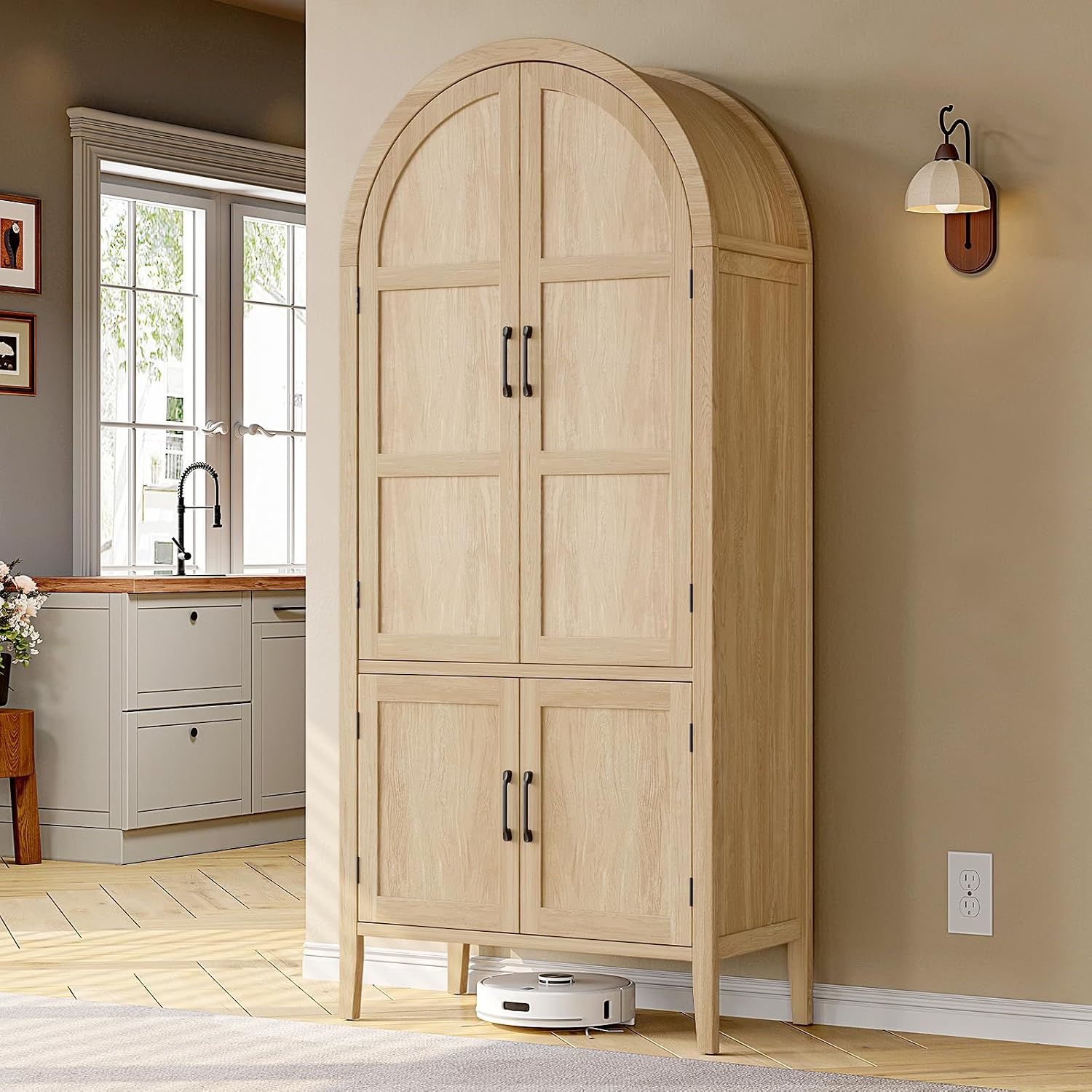 ONBRILL 71' Tall Wooden Arched Cabinet, 5-Tier Arched Kitchen Pantry Cabinet with Doors & Shelves, Farmhouse Kitchen Arch Cabinets with Adjustable Feet, Wooden Pantry Storage for Dining Room(Oak)