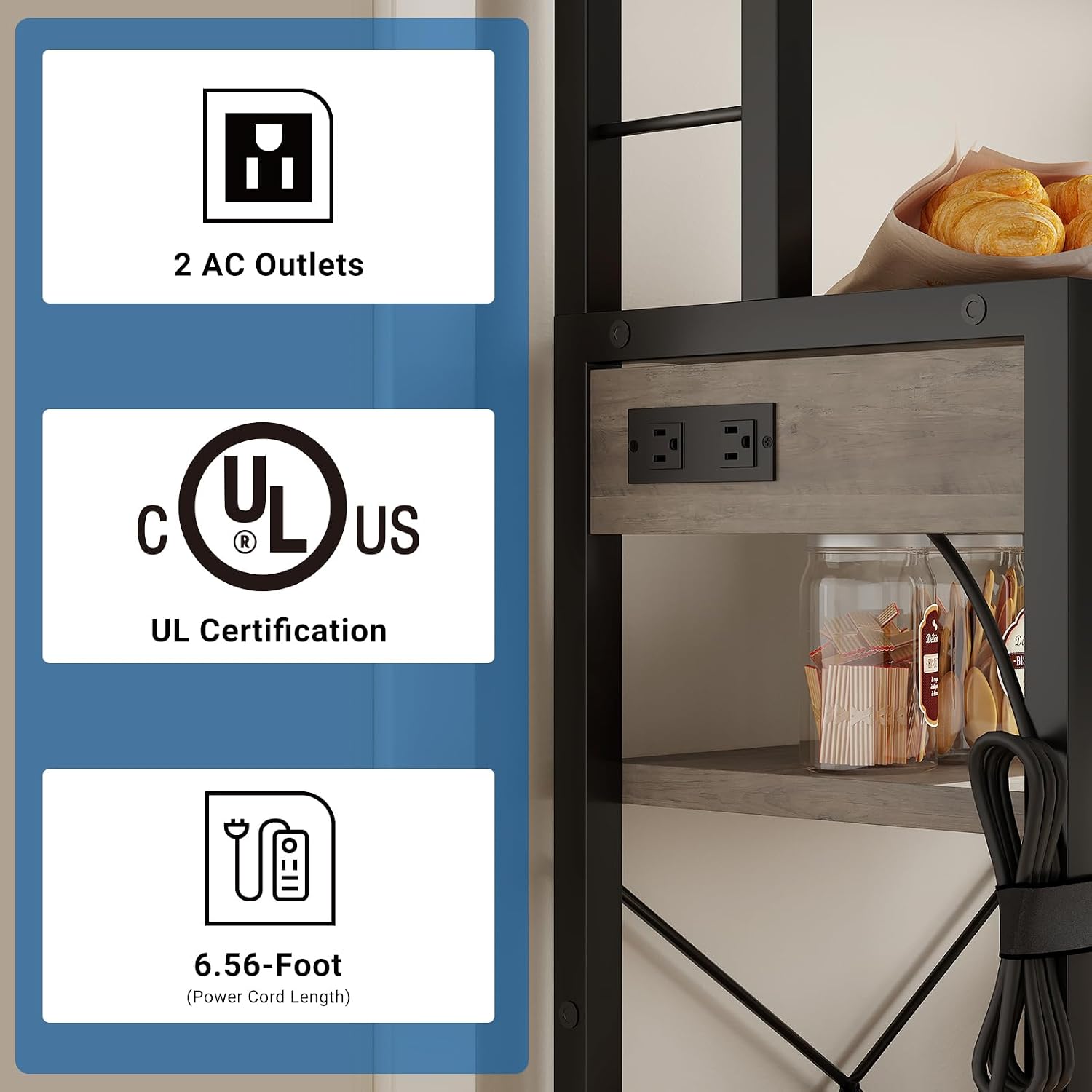IDEALHOUSE Bakers Rack with Power Outlet, 6-Tier Coffee Bar Station with Wire Drawer, Industrial Microwave Stand, Kitchen Standing Bakers Racks with Large Storage, Hutch, Retro Gray