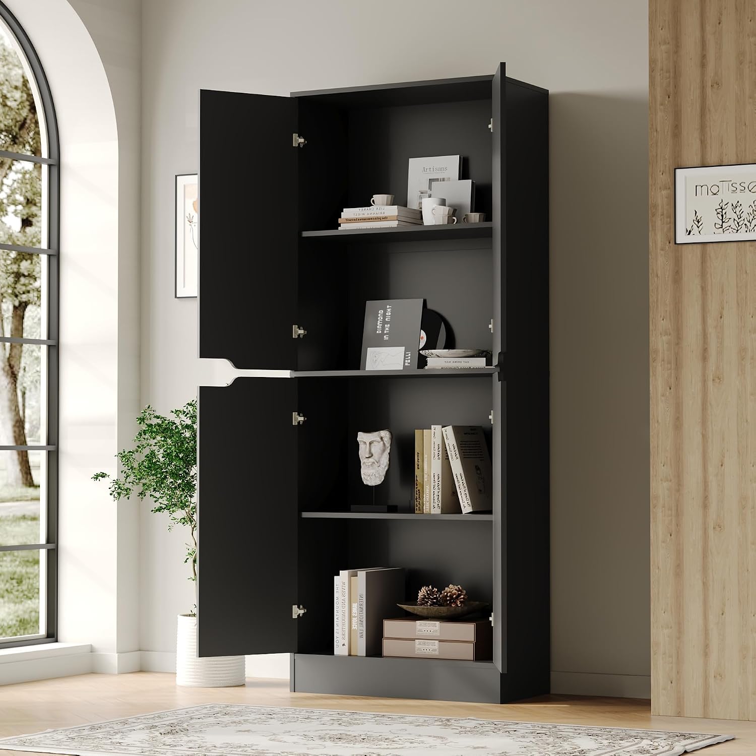 Housoul 71' Tall Freestanding Kitchen Pantry Cabinet, 4 Doors Freestanding Cupboard with Adjustable Shelves, Kitchen Hutch Cabinet for Kitchen, Dining Room, Black
