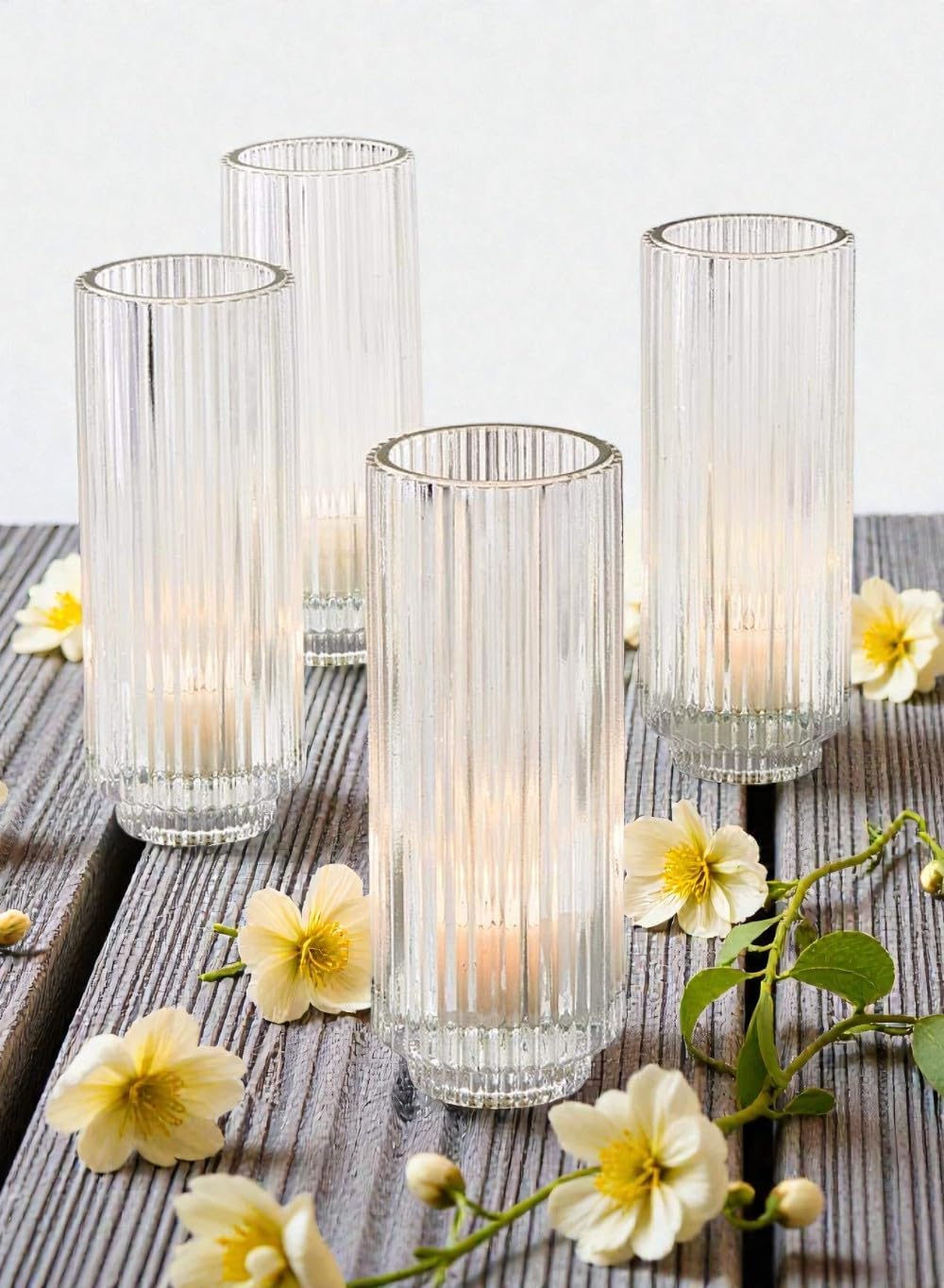 Serene Spaces Living Slim Clear Ribbed Glass Votive Holder, Decorative Centerpiece for Wedding, Christmas, Thanksgiving, Living Room, Home Décor, 2.25' Diameter & 6.25' Tall, Pack of 24