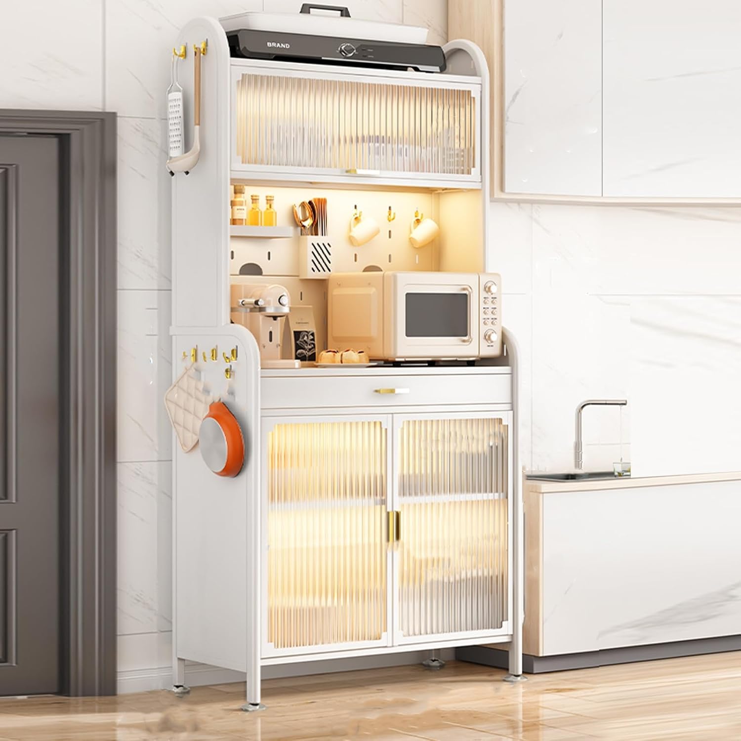 5-Tier Kitchen Baker's Rack with Drawers, Metal Coffee Bar Cabinet, Transparent Flip Switch Door, DIY Backplane, 4 Hooks - Stylish White Storage Solution, L-80Cm/31.5',White,L,80CM/31.5IN