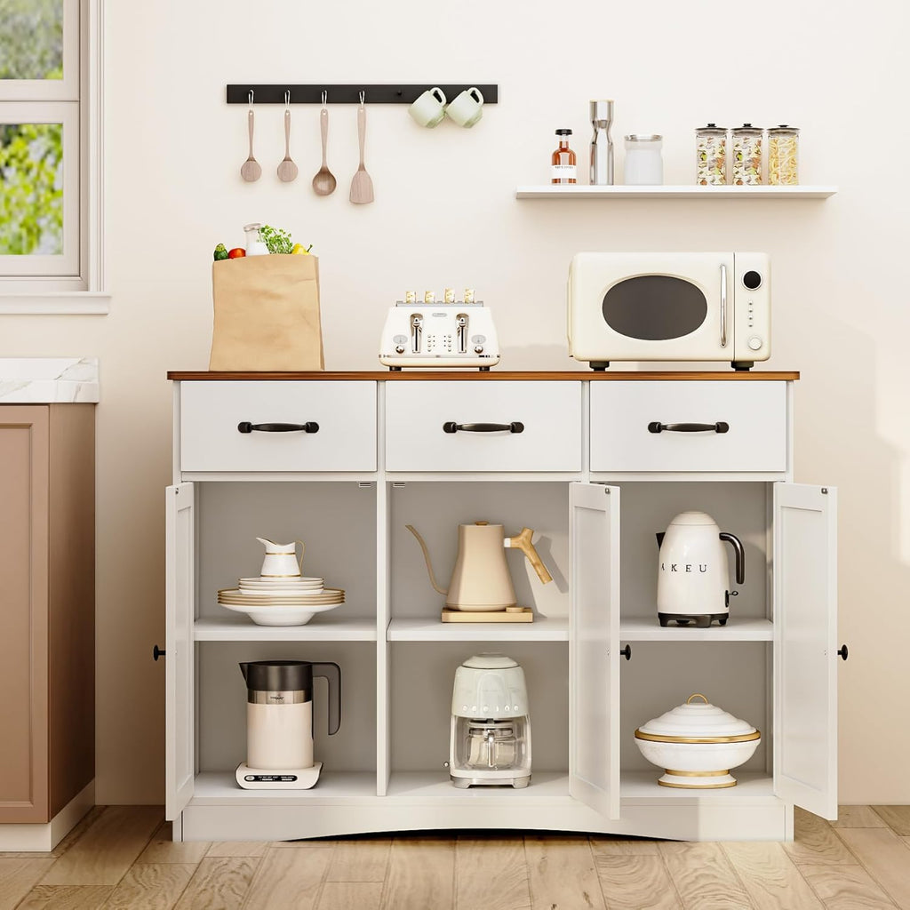 Gizoon Farmhouse Sideboard Buffet Cabinet, 42.5'' Kitchen Storage Cabinets with 3 Drawers and Barn Doors, Wood Coffee Bar Cabinet with Adjustable Shelf for Kitchen, Dining Room, Living Room, Retro
