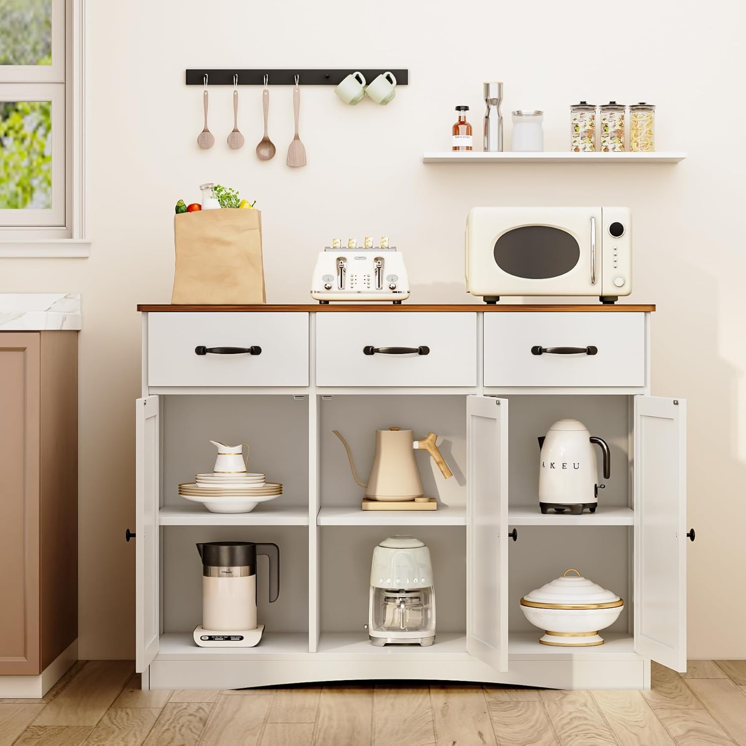Gizoon Farmhouse Sideboard Buffet Cabinet, 42.5'' Kitchen Storage Cabinets with 3 Drawers and Barn Doors, Wood Coffee Bar Cabinet with Adjustable Shelf for Kitchen, Dining Room, Living Room, Retro