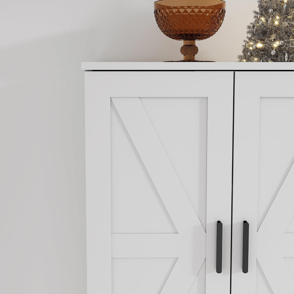 Farmhouse Storage Cabinet with 4 Door, Kitchen Pantry Storage with 4 Adjustable Shelves Wooden Cupboard for Kitchen, Dining Room, Living Room, Bathroom (White)