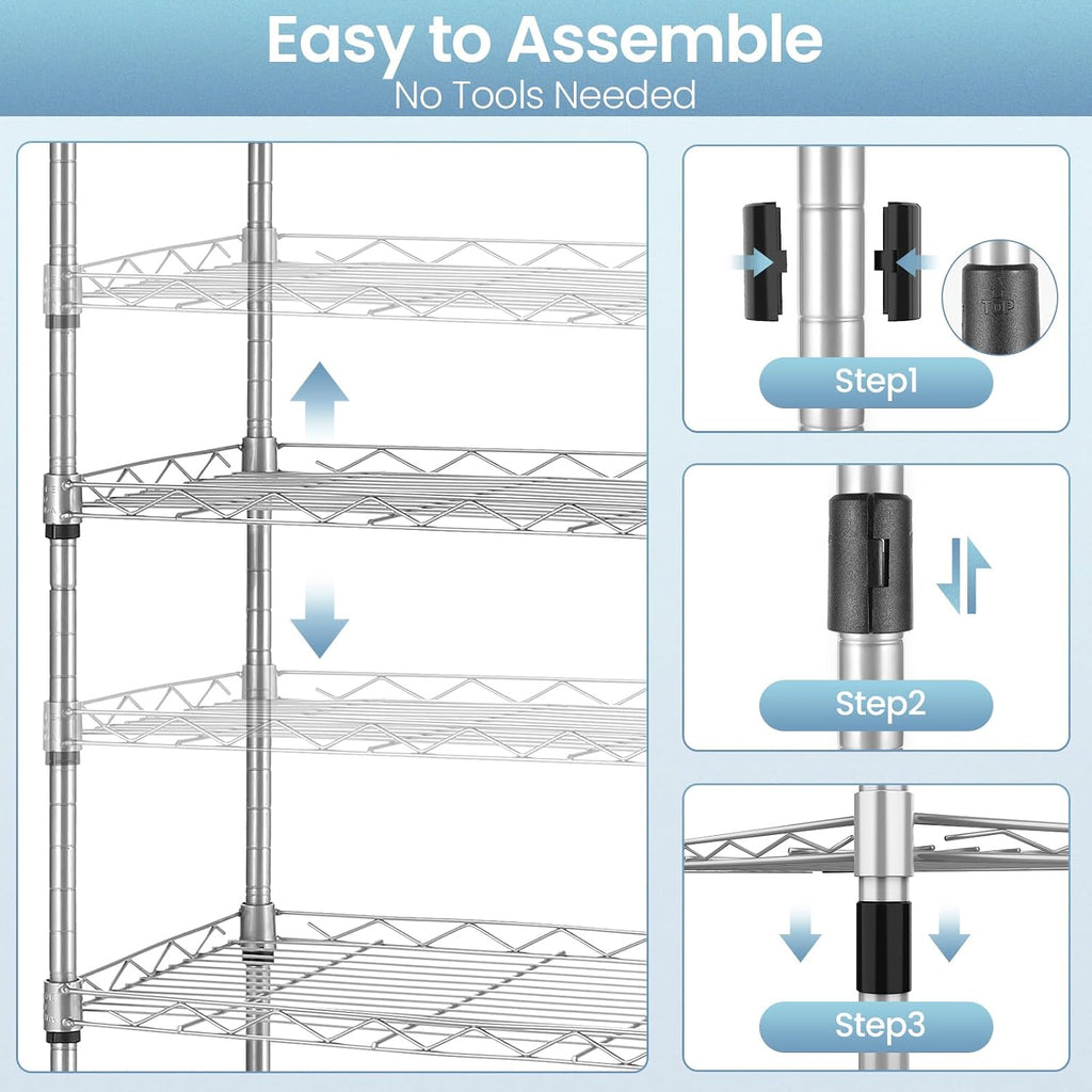 Himimi 6 Tier Storage Shelf Wire Shelving Unit Adjustable Rack Free Standing Organization with Leveling Feet, Stainless Side Hooks for Laundry Bathroom Kitchen Pantry Closet,2-Pack Shelves,Silver