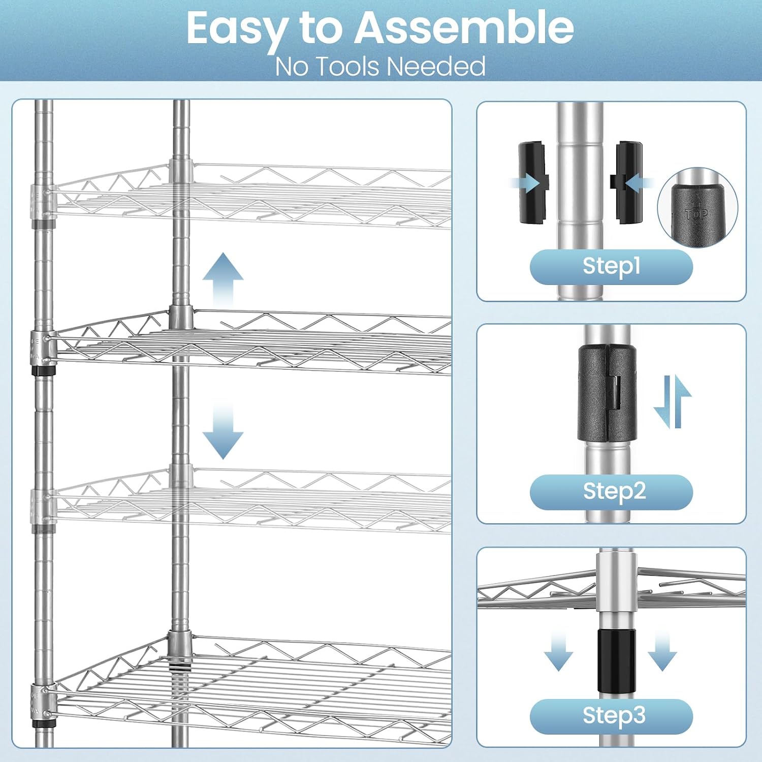 Himimi 6 Tier Storage Shelf Wire Shelving Unit Adjustable Rack Free Standing Organization with Leveling Feet, Stainless Side Hooks for Laundry Bathroom Kitchen Pantry Closet,2-Pack Shelves,Silver