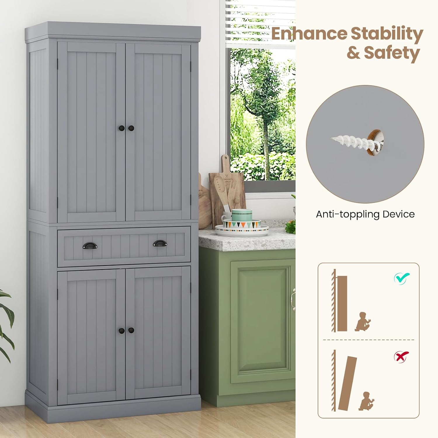 Tangkula 72' H Kitchen Pantry Cupboard Cabinet, Traditional Freestanding Large Tall Storage Cabinet with 2 Cabinets and Drawer, Adjustable Shelves, for Living Room Kitchen, 30 x 16 x 72 Inch