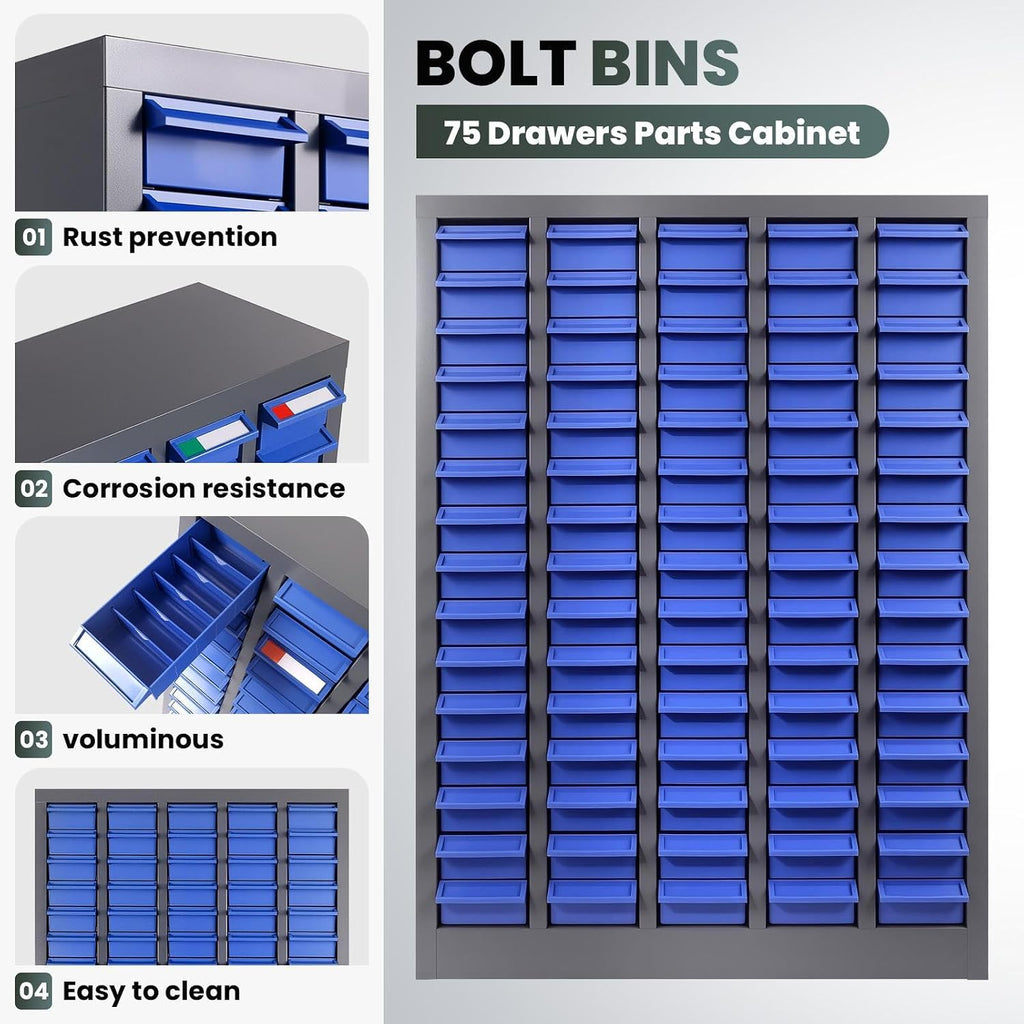 75-Drawer Nut and Bolt Organizer, Parts Cabinet No ssembly, with Labels & Adjustable Dividers, ABS Drawers, 860LBS, Alloy Steel Frame for Workshop Garage