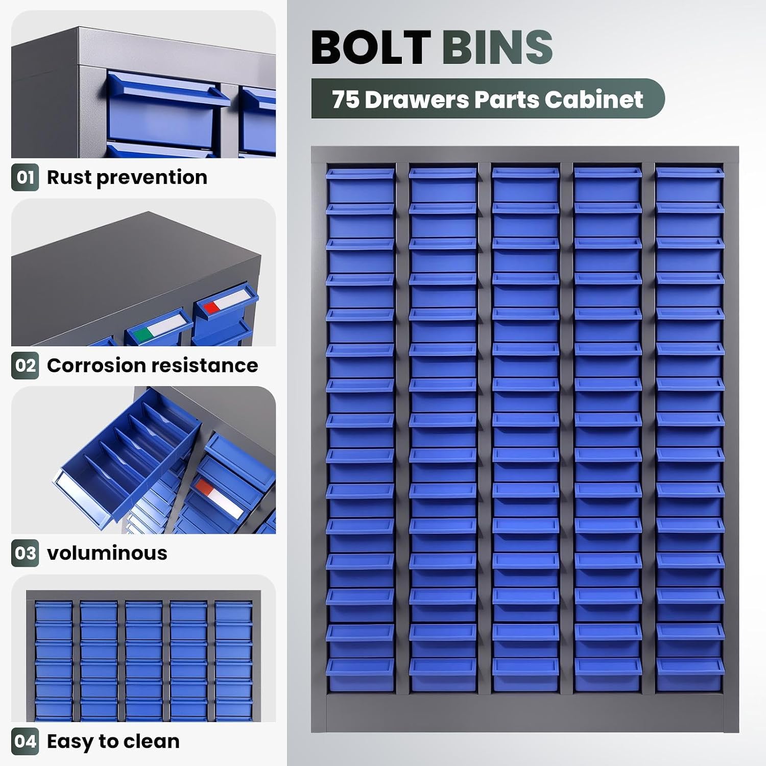75-Drawer Nut and Bolt Organizer, Parts Cabinet No ssembly, with Labels & Adjustable Dividers, ABS Drawers, 860LBS, Alloy Steel Frame for Workshop Garage