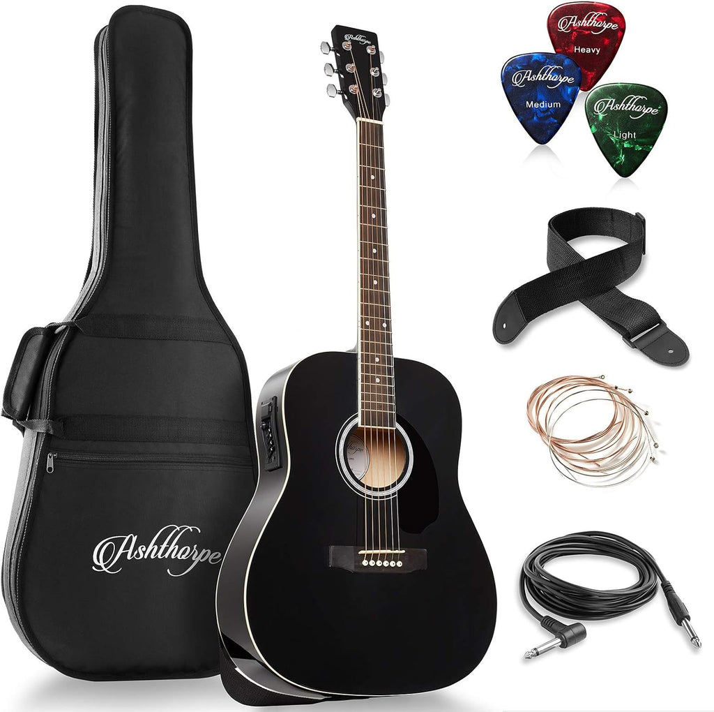 Ashthorpe Full-Size Dreadnought Acoustic-Electric Guitar Bundle - Premium Tonewoods - Black