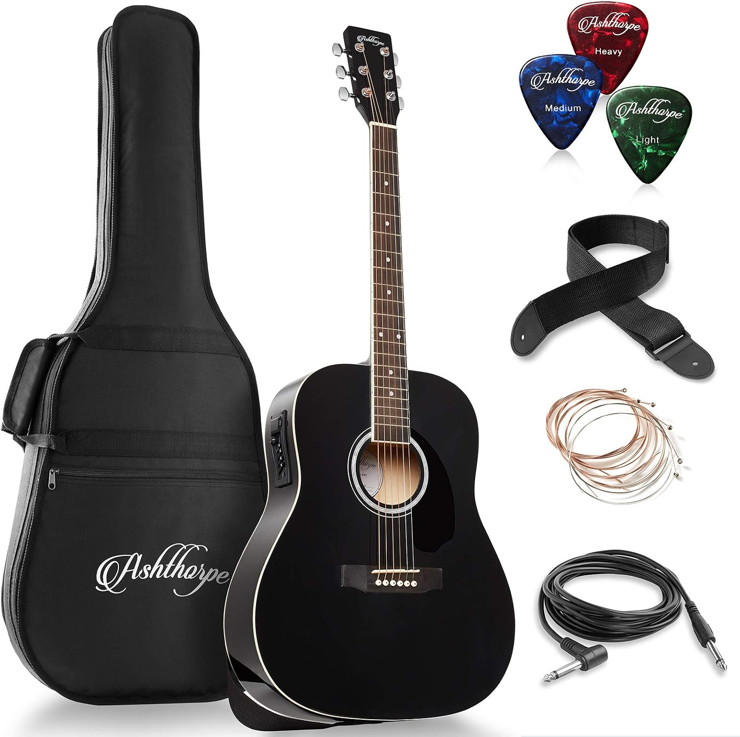 Ashthorpe Full-Size Dreadnought Acoustic-Electric Guitar Bundle - Premium Tonewoods - Black