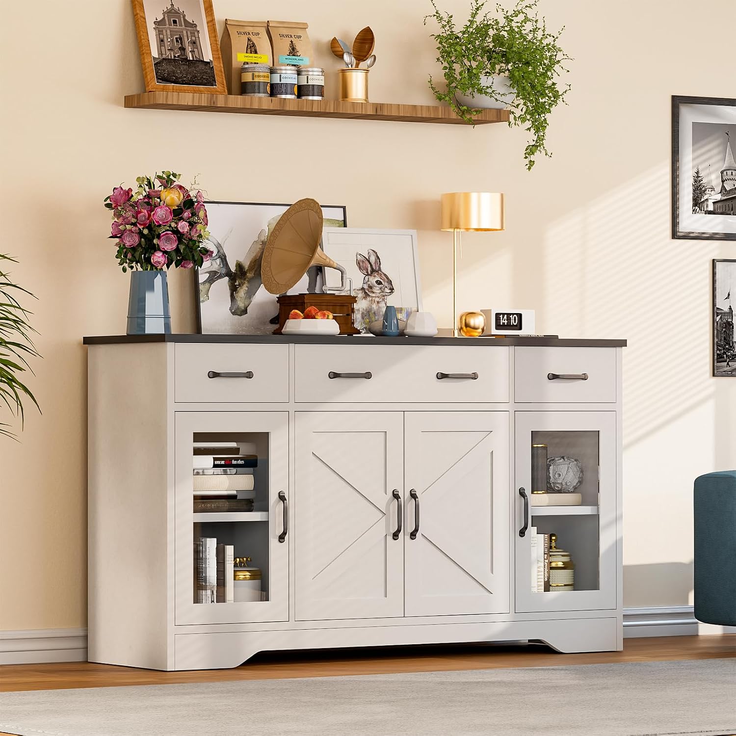 Likein Sideboard Buffet Cabinet with Storage, 55' Kitchen Coffee Bar Cabinet with 3 Drawers & Glass Doors, Farmhouse Sideboard Buffet Table with Adjustable Shelves for Living Room, Dining Room, White