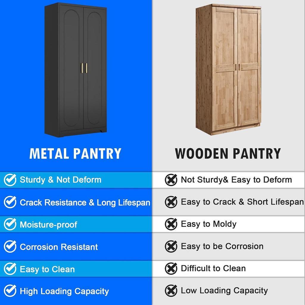 Polup 71' Tall Kitchen Pantry Cabinet, Pantry Storage Cabinet with Doors and Shelves, Metal Food Pantry Cabinets with Handles, Black Freestanding Cupboard for Living&Dining Room-Assemble Required