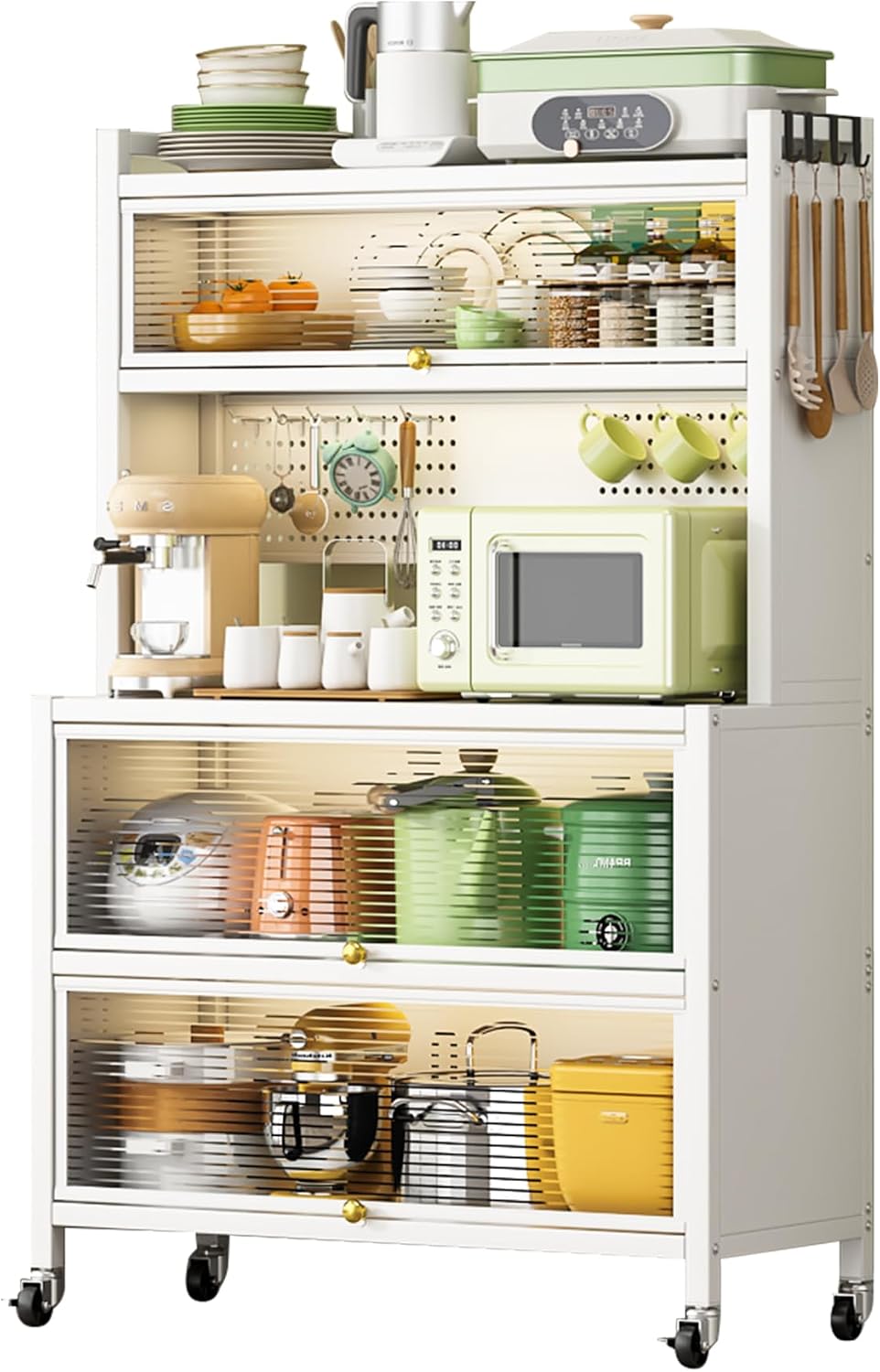 Bakers Storage Rack, Microwave Stand, Coffee Bar Cabinet with Hooks, Bakers Rack with Storage Drawer, Removable Portable Bar Table Cabinet with Wheels White One Size