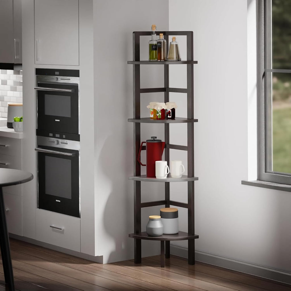 Aiden Corner Bakers Rack Coffee Finish Metal Frame Tri Level Storage Shelf for Kitchen Dining Living Room Display Space Saving Corner Organizer Modern Home Décor