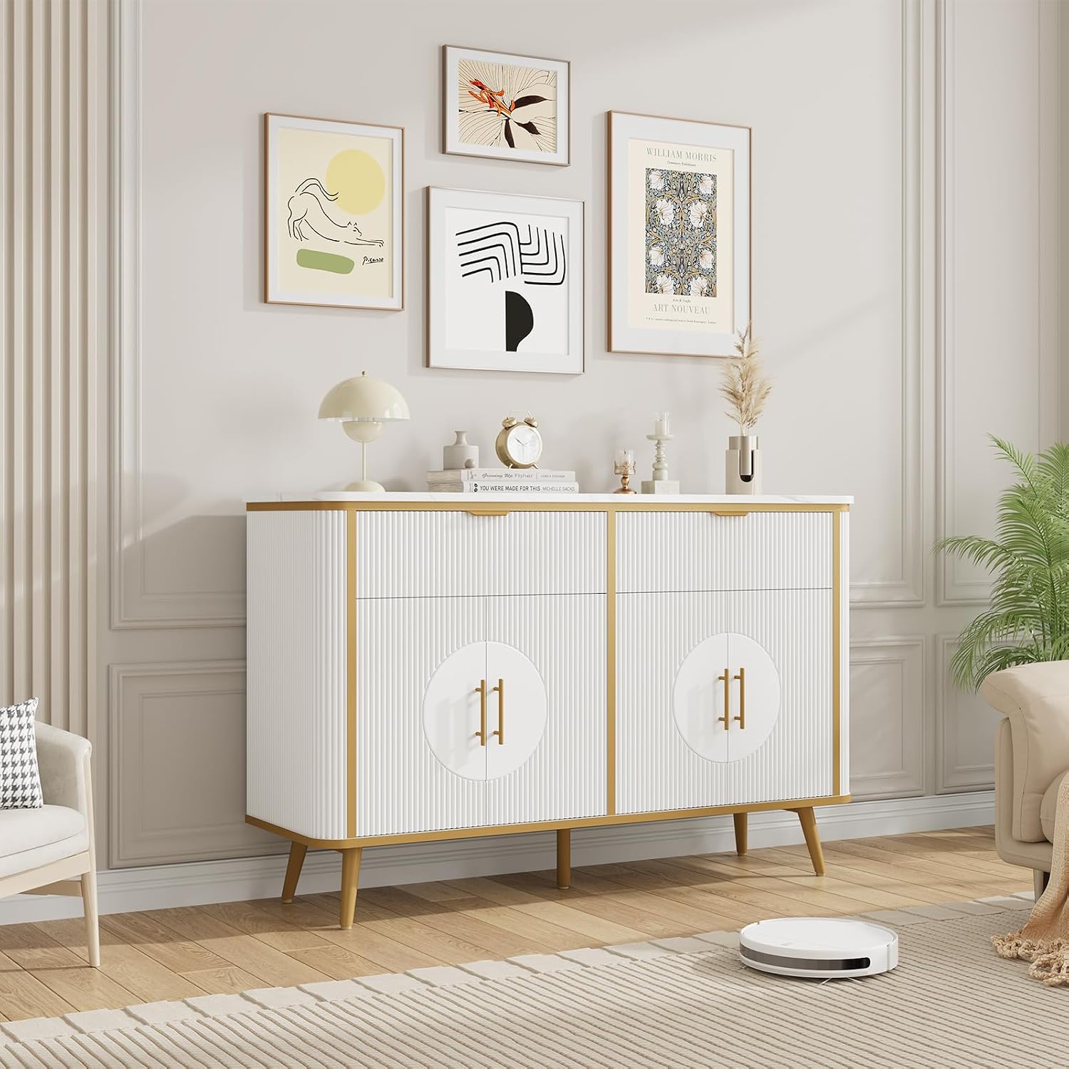 47.2' Buffet Storage Cabinet, Modern Fluted Coffee Bar Station with 2 Drawers & Adjustable Shelves, Kitchen Sideboard Buffet for Dining Room, Living Room, Hallway, White