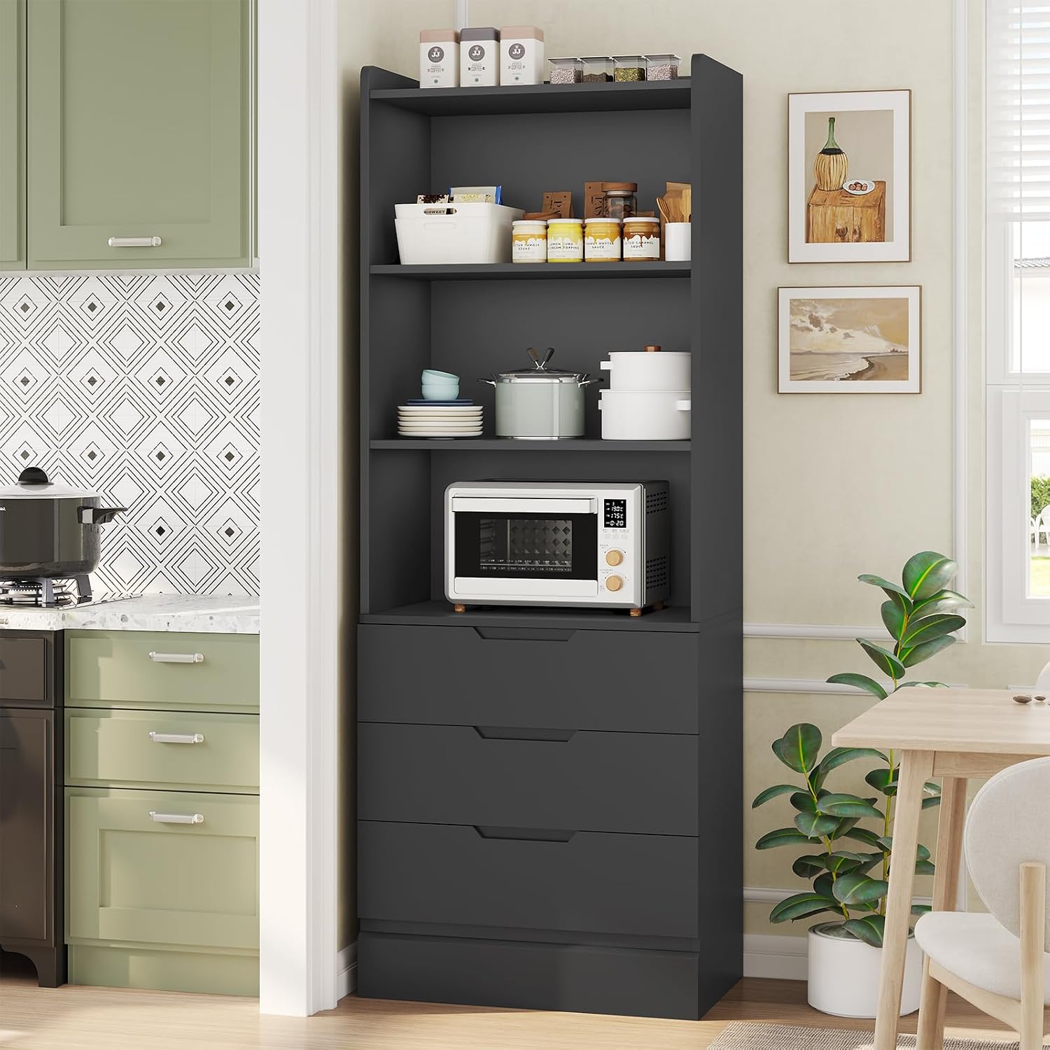 DICTAC Bookcase with 3 Drawers and Shelves 73.23'' Tall Bookshelf with Storage Modern Wood Closet Drawers System,Closet Organizer Unit Freestanding Tall Storage Cabinet for Home Office,Bathroom,Black
