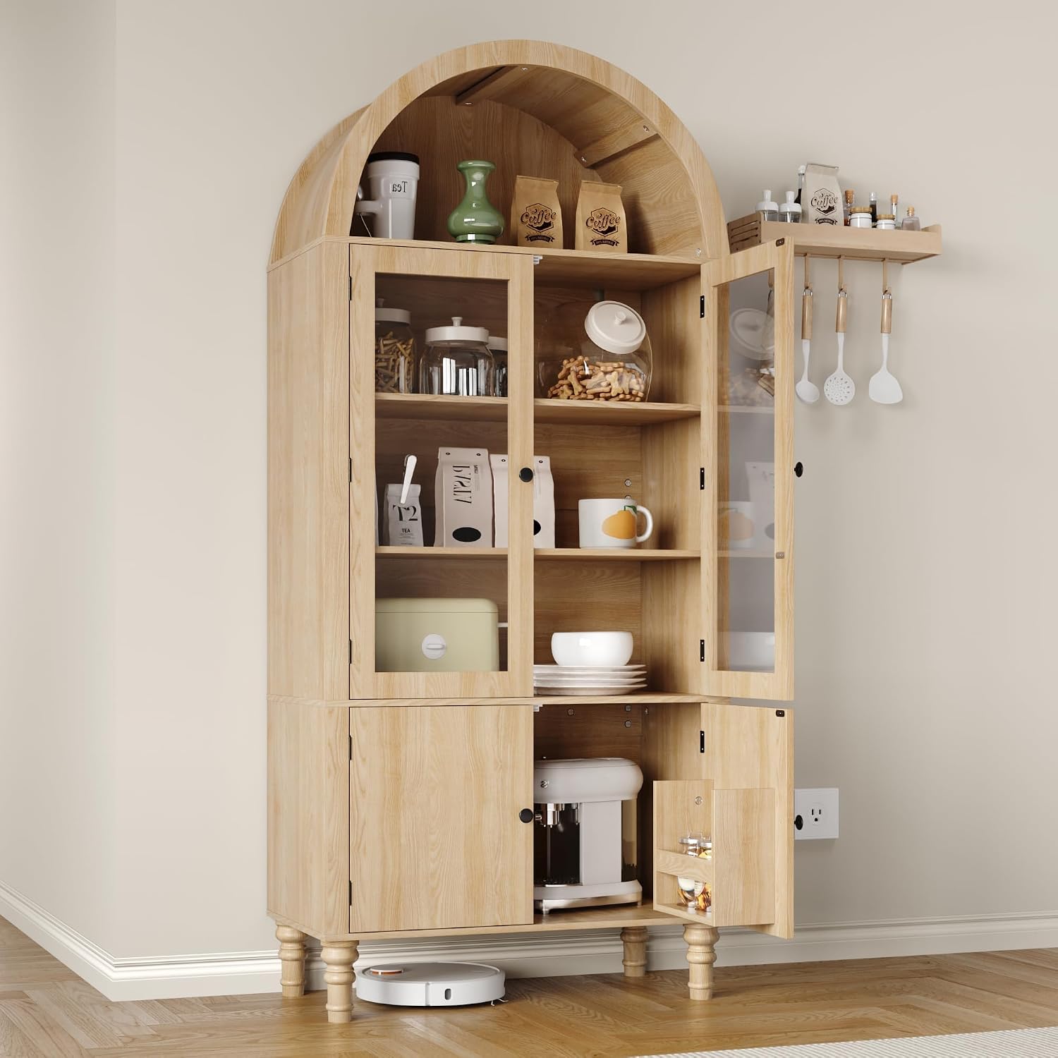 Furnify 71' Tall Arched Pantry Cabinet, Modern Kitchen Storage Cabinet with Doors, 3 Adjustable Shelves, Door Shelves, Organizer, Versatile Cupboard for Kitchen, Bathroom, Natural