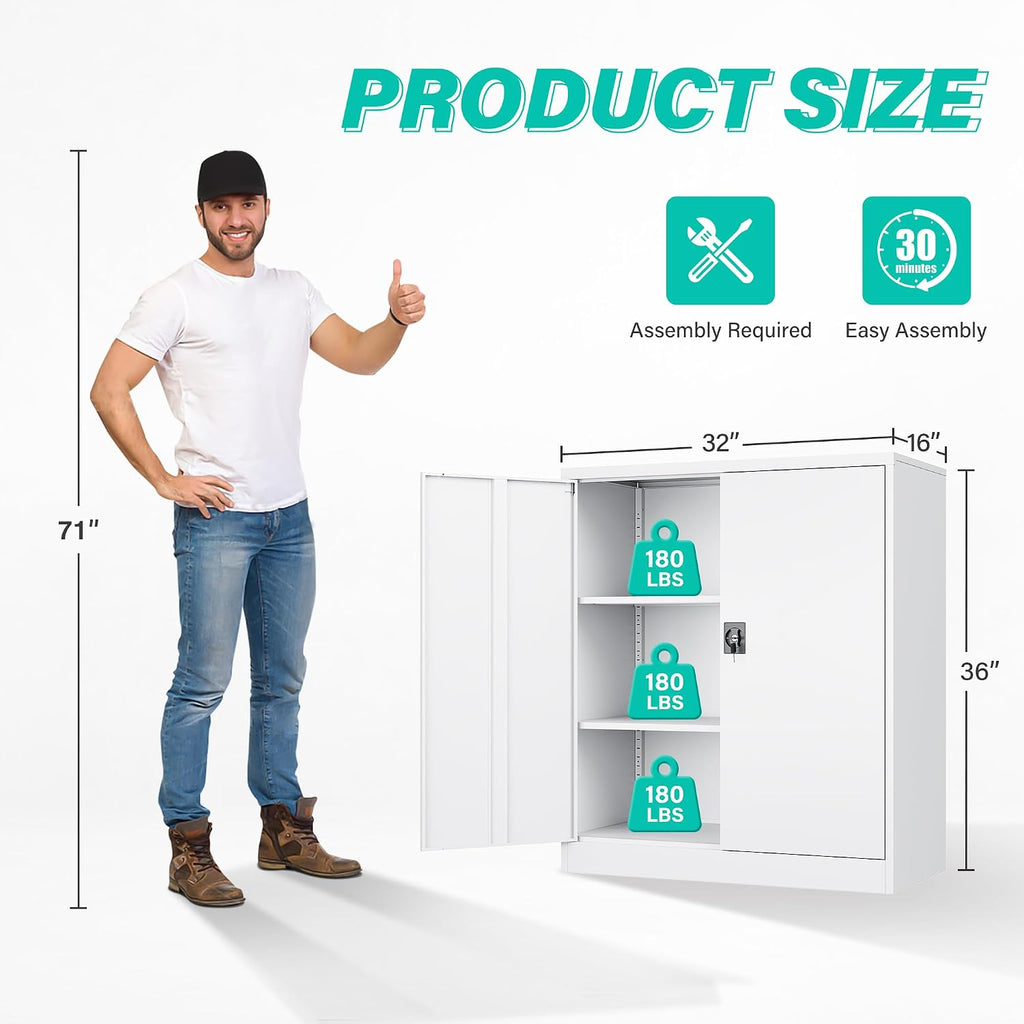SISESOL Small Metal Cabinet with Shelves,36 inch Garage Storage Cabinet with Lock,White Metal Storage Cabinets with Locking Doors,Lockable Office File Cabinets for Home,Office,Shop,Garage