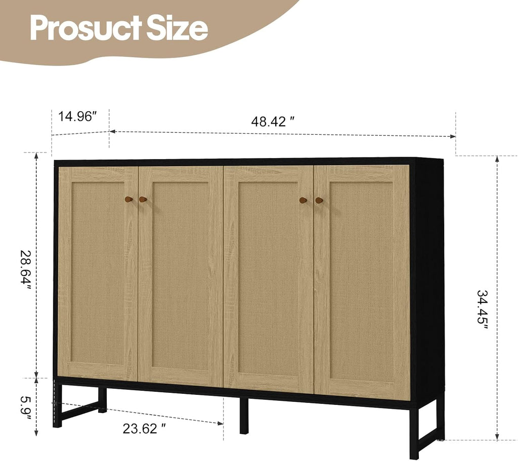 Panana Sideboard Accent Storage Cabinet with Rattan Decorated 4 Doors Dining Room Freestanding Kitchen Buffet Table Cupboard (Black)