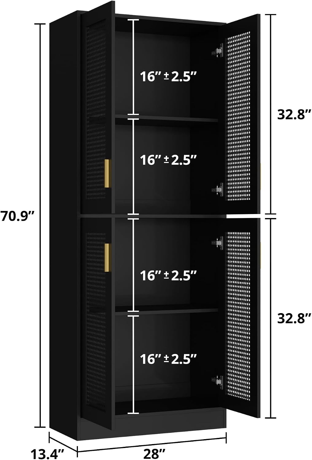 Cozy Castle Kitchen Pantry Cabinet, 71' Tall Rattan Doors Storage Cabinet and Adjustable Shelves, Modern Farmhouse Wood Cupboard Utility Hutch for Kitchen, Dining Room, Living Room (Black)