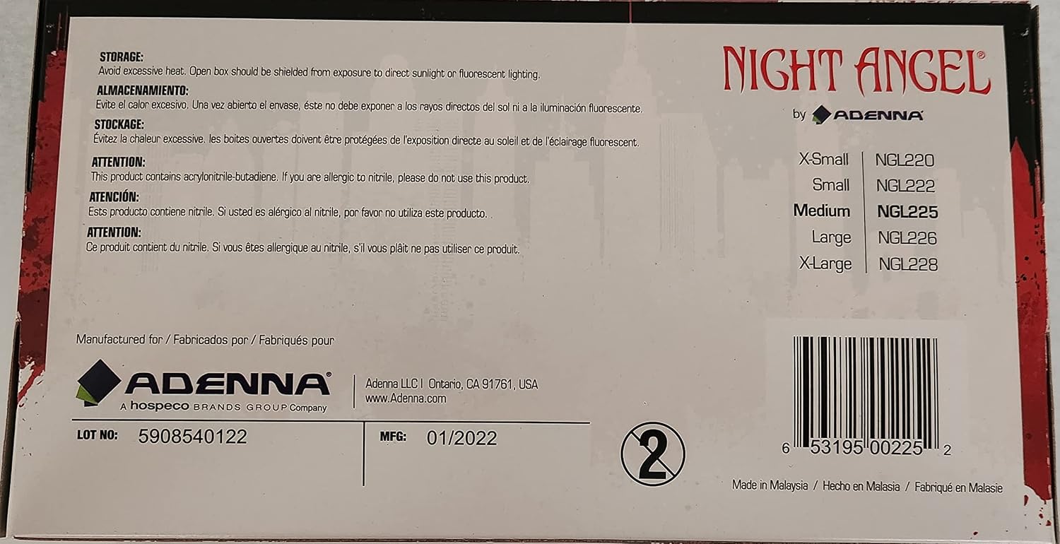 Adenna (NGL225-10PK) Night Angel Nitrile Powder Free Examination Gloves, Black, Medium, 100 Piece, Pack of 10