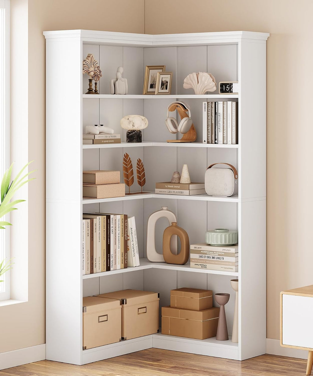 IDEALHOUSE Corner Bookshelf 72.8in Farmhouse Bookcase Large Bookshelves Wood Bookcase Tall 5 Tier Corner Shelf L Shaped Bookshelf Storage Display Rack Living Room Bedroom (White, Full Panel)