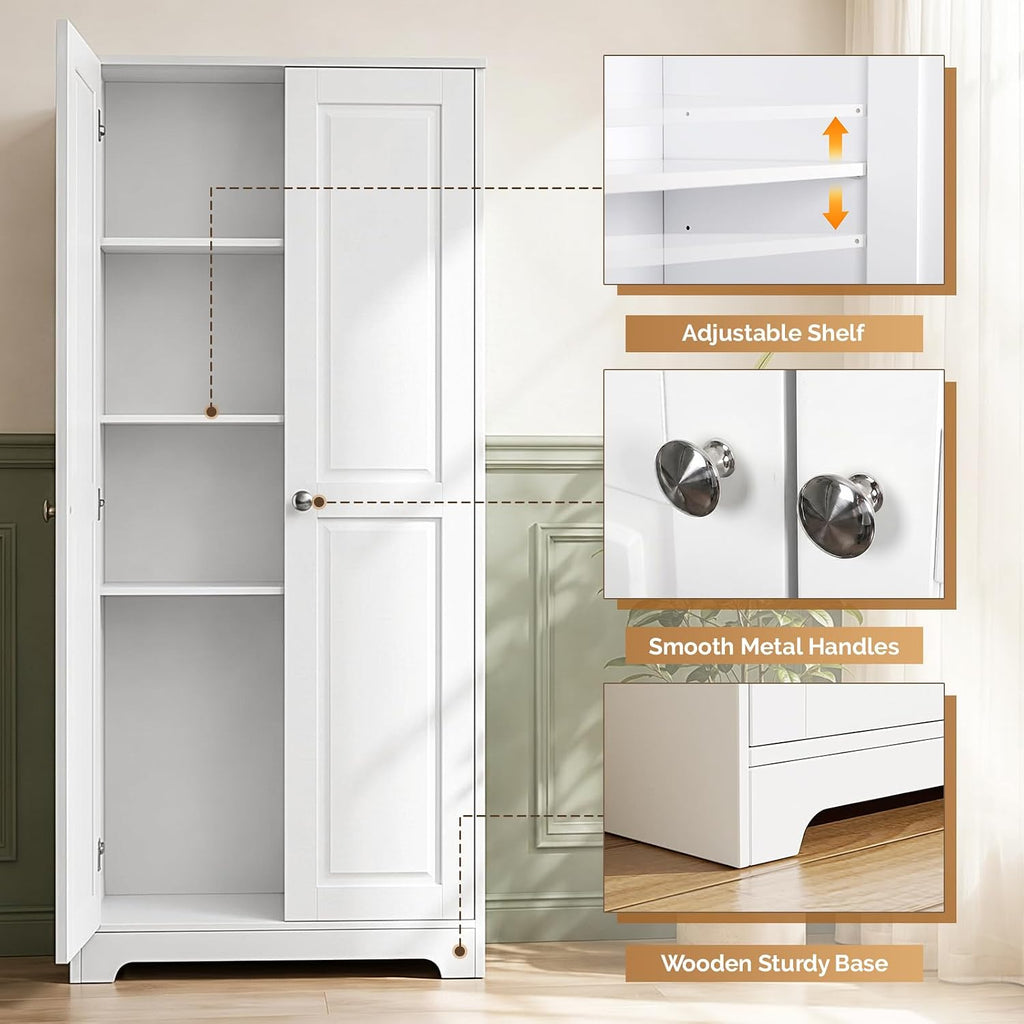 VINGLI 72' Tall Pantry Cabinet, Kitchen Pantry Storage Cabinet with 2 Doors & Adjustable Shelves, Freestanding Food Storage Cupboard for Kitchen, Dining Room, Utility Room, White