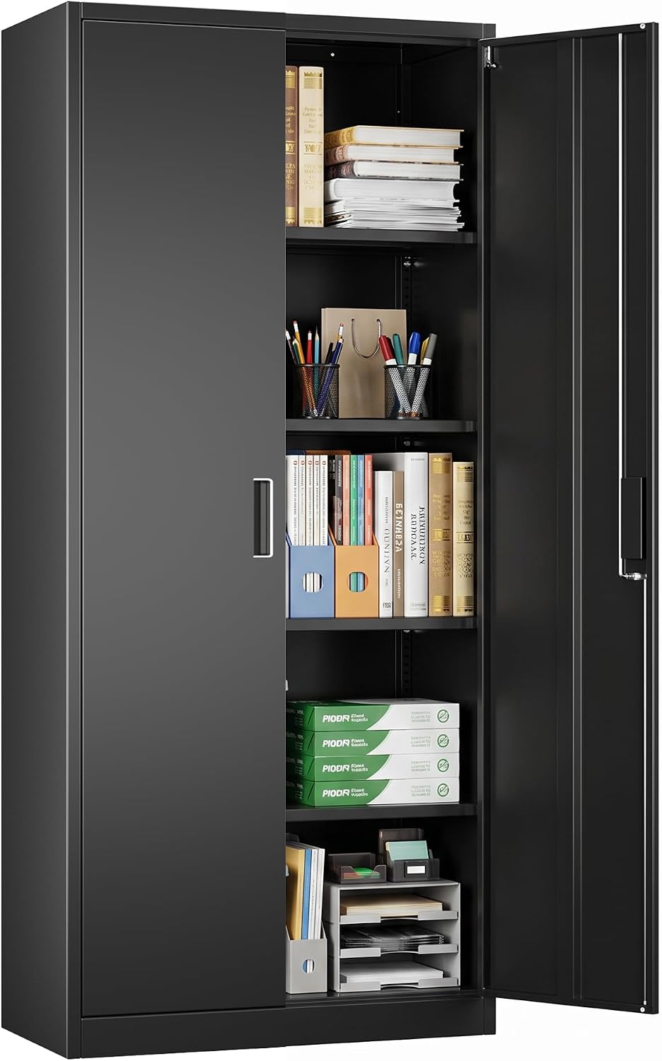 Metal Garage Storage Cabinet, Lockable Steel Storage Cabinet with 4 Adjustable Shelves for Garage, Office, Home, Assembly Required, Black, 15.75' D × 31.50' W × 70.87' H