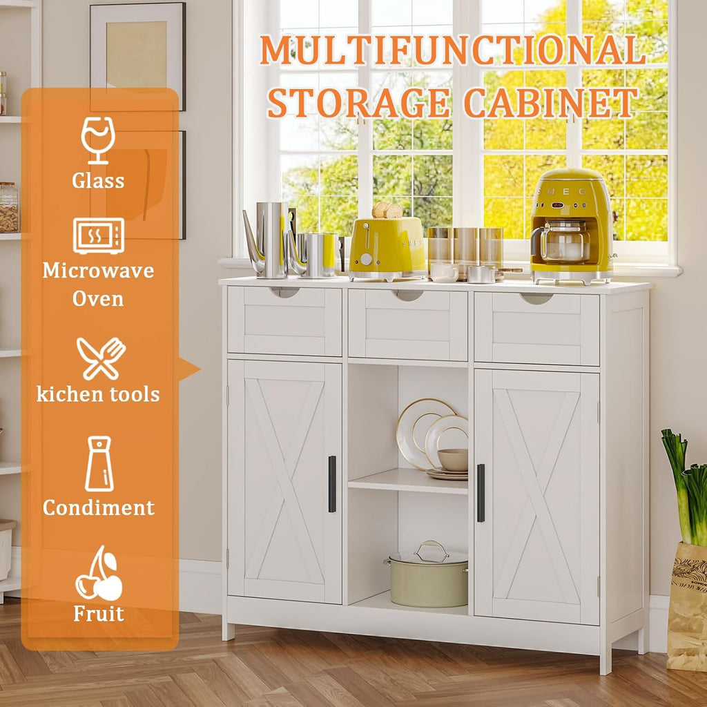 Viaozutis Storage Cabinet, Coffee Bar Cabinet with 2 Adjustable Shelves, 3 Drawers, and 2 Doors, for Bathroom, Kitchen, Living Room (White)