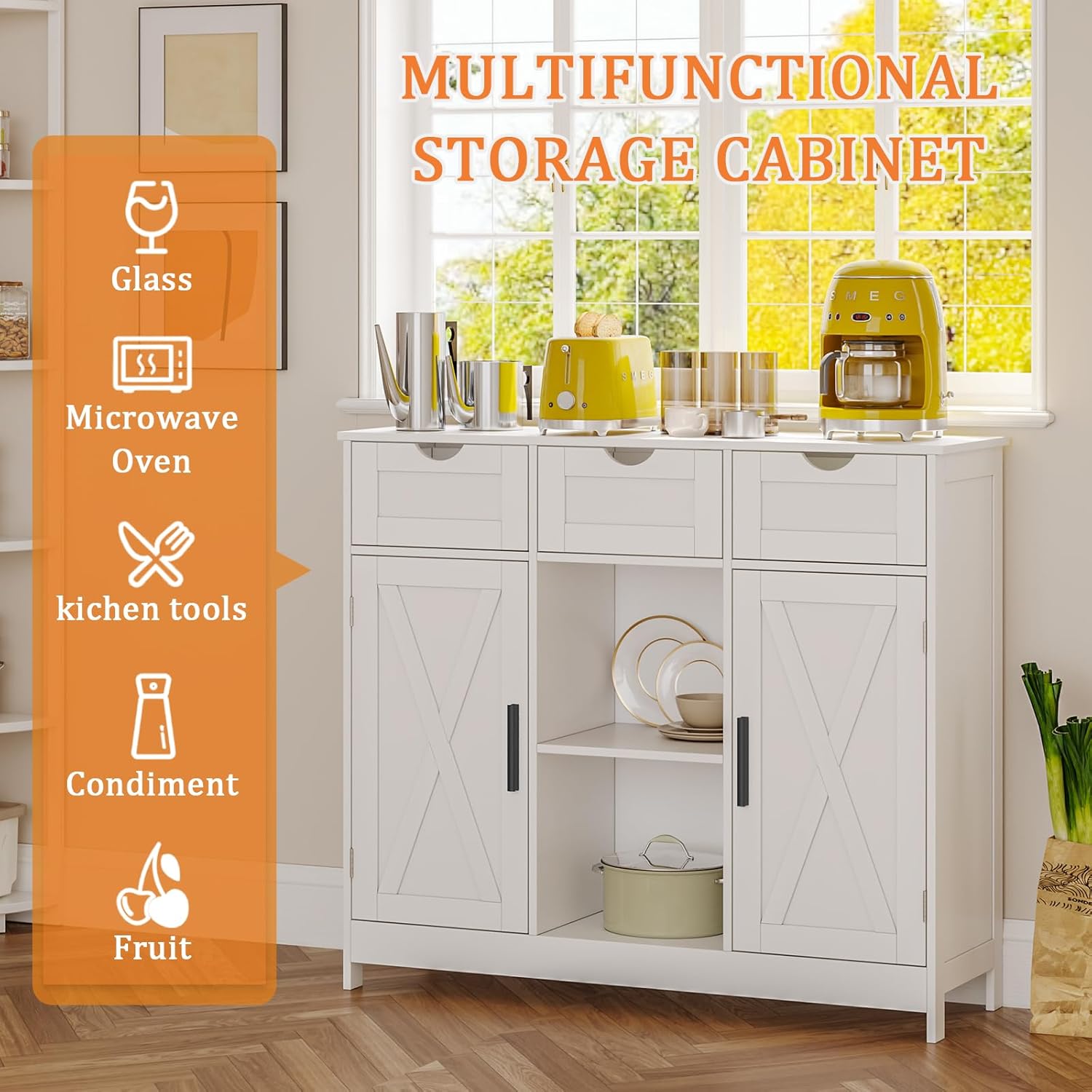Viaozutis Storage Cabinet, Coffee Bar Cabinet with 2 Adjustable Shelves, 3 Drawers, and 2 Doors, for Bathroom, Kitchen, Living Room (White)
