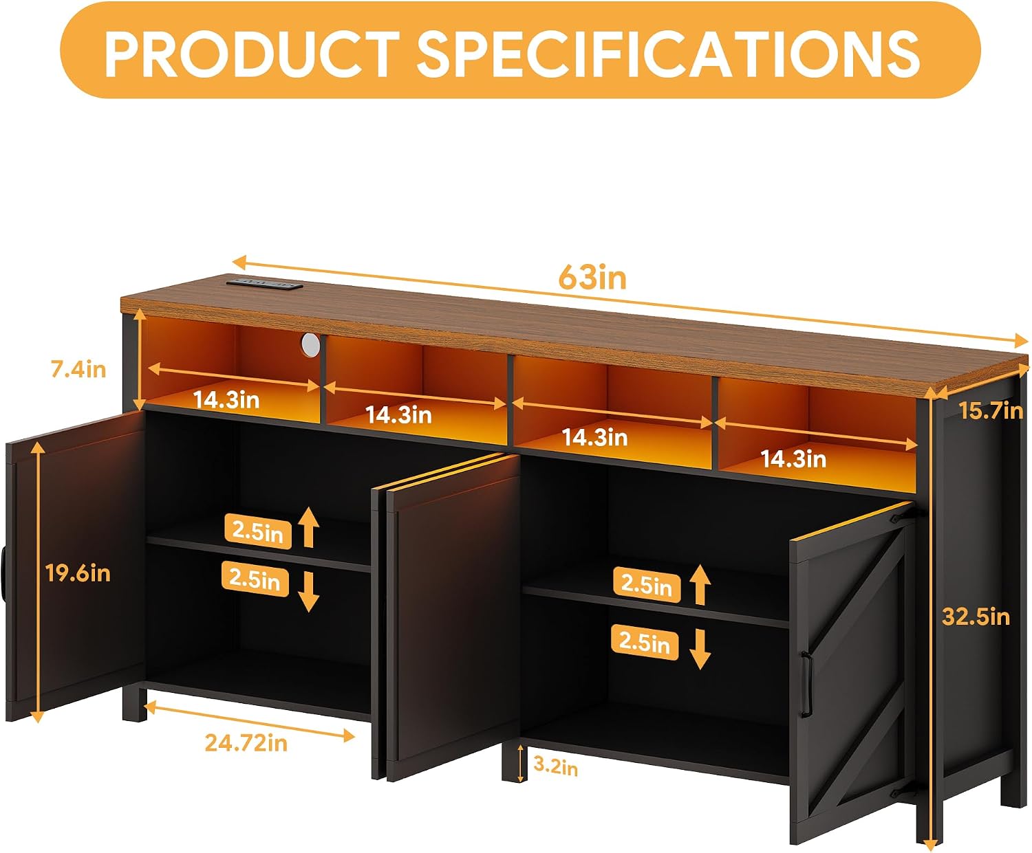 knoworld 63'' Buffet Sideboard with Storage with Power Outlets & LED Light 4 Doors, Large Farmhouse Kitchen Storage Cabinet Wood Coffee Bar Cabinet Buffet Table for Kitchen, Dining Room, Entryway