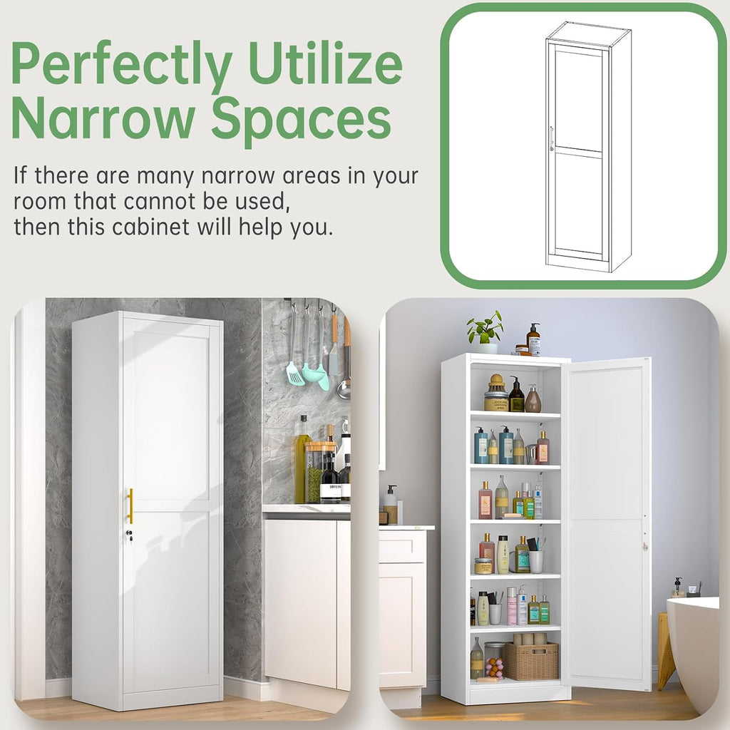 Ckzbx Metal Locker Tall Narrow Storage Cabinet, 67' H Locking Tool File Cabinets Snack Locker Organizer for School Classroom,Bedroom,Gym Home Office,Entryway and Hallway (20' W 1Door White)