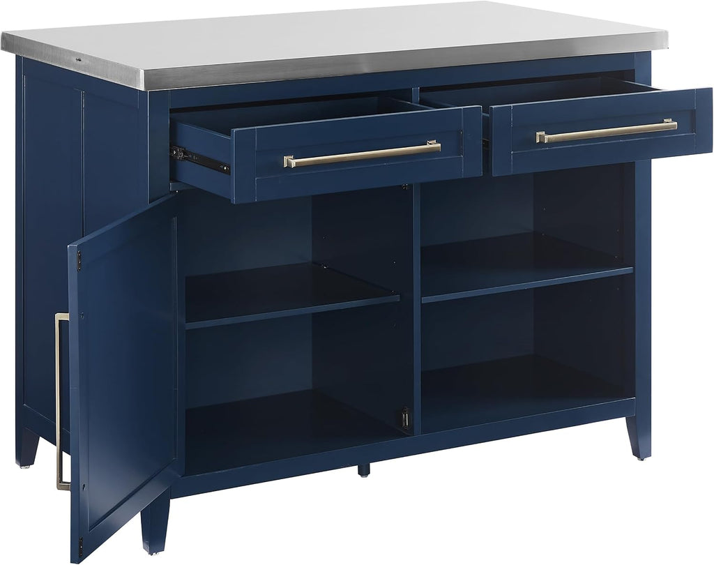 Crosley Furniture Silvia Stainless Steel Top Kitchen Island, Microwave Stand, Coffee Bar, with Shelves, Navy/Stainless Steel