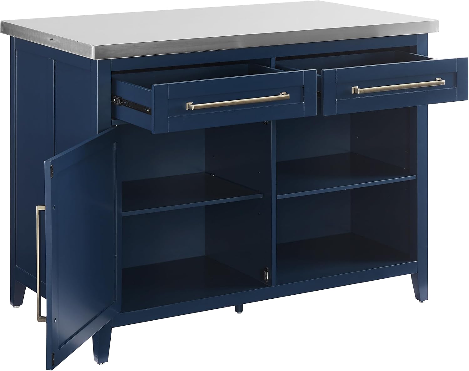 Crosley Furniture Silvia Stainless Steel Top Kitchen Island, Microwave Stand, Coffee Bar, with Shelves, Navy/Stainless Steel