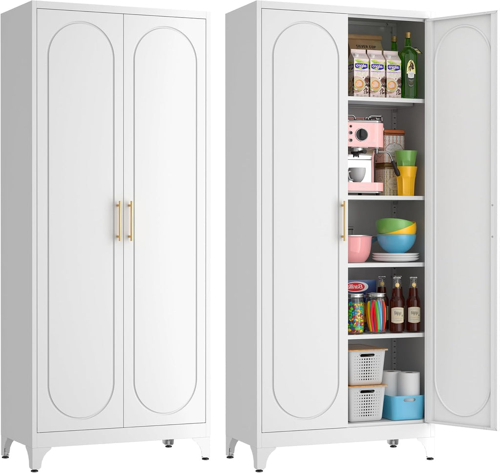 75' Tall White Metal Storage Cabinet with Doors & Adjustable Shelves, Heavy-Duty Pantry Cabinet for Kitchen, Garage, Home Office, Living Room & School