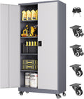 Metal Storage Cabinet with Wheels, Tall Garage Storage Cabinet with 4 Adjustable Shelves and 2 Doors, Lockable Tool Cabinet for Garage Home Office,Gym,School (White-Gray)