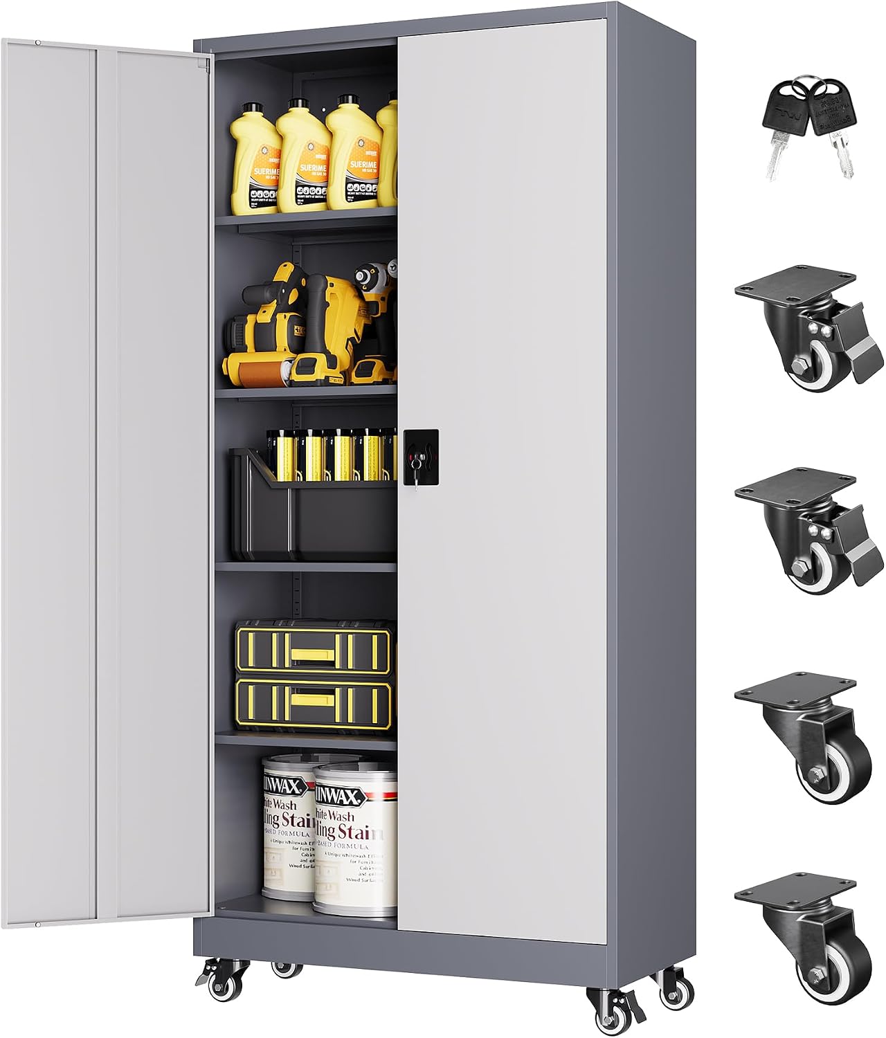 Metal Storage Cabinet with Wheels, Tall Garage Storage Cabinet with 4 Adjustable Shelves and 2 Doors, Lockable Tool Cabinet for Garage Home Office,Gym,School (White-Gray)