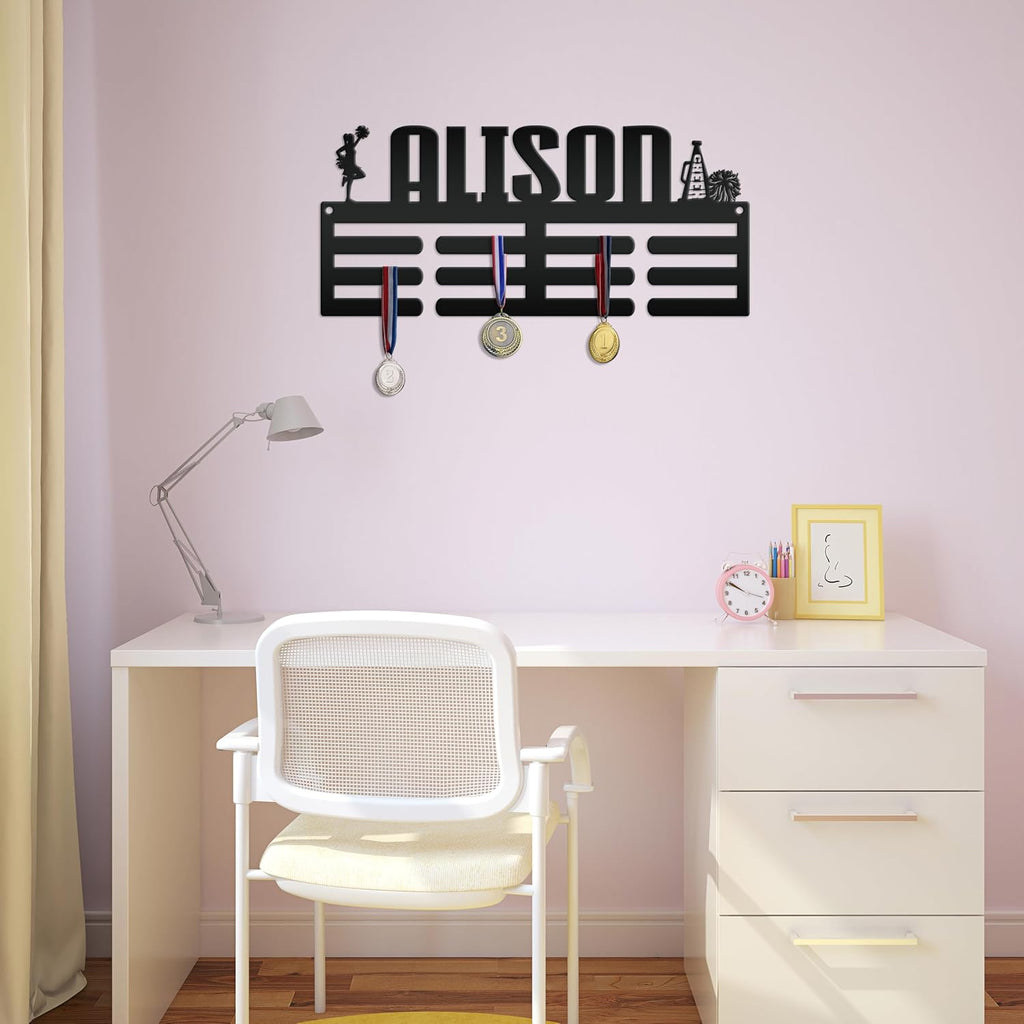 Medal Holder, Custom Cheerleading Name Sign, Personalized Award Wall Rack, Customized Gift for the Cheerleader, Metal Bedroom Wall Decor (30 x 17 inches)