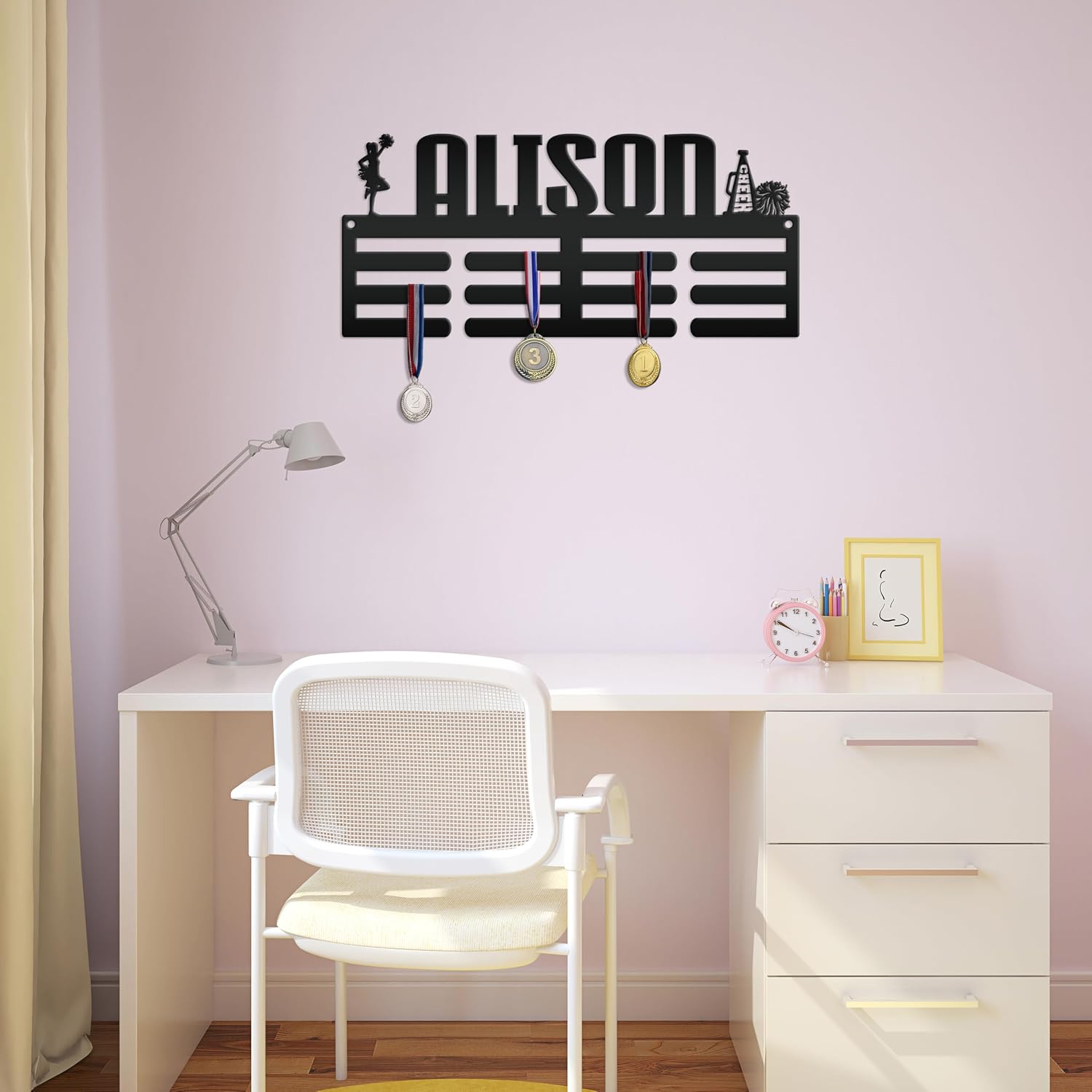 Medal Holder, Custom Cheerleading Name Sign, Personalized Award Wall Rack, Customized Gift for the Cheerleader, Metal Bedroom Wall Decor (30 x 17 inches)