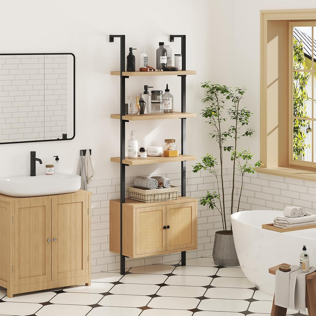 Airynee Ladder Bookshelf, 4 Tier Book Shelf with Rattan Cabinet, Wall Mount Bookshelves and Bookcases with Metal Frame, Anti Dump, Tall Bookcase for Living Room, Home Office, Bedroom Oak 4pcs