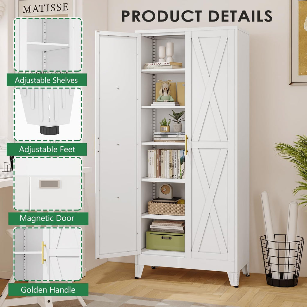 75' Tall Metal Kitchen Pantry Storage Cabinet with 2 Doors and 5 Adjustable Shelves, White Food Freestanding Cupboard for Kitchen, Dining Room, Bathroom and Garage (White)