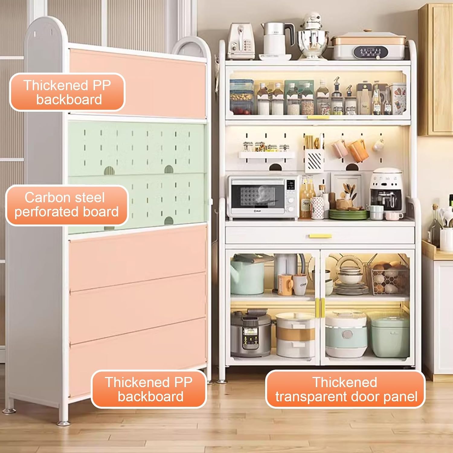 5-Tier Kitchen Bakers Rack with Drawers, Microwave Oven Stand with Storage Shelves, with Hooks*8, Storage Box*1, Chopstick Box*1(60cm)