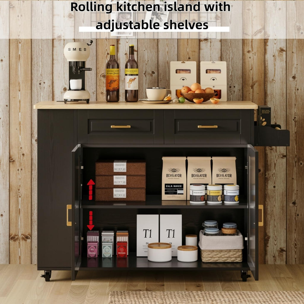 IRONCK Kitchen Island with Power Outlet & Drop Leaf, 47.2' Width Rolling Kitchen Island on Wheels with Storage, Mobile Kitchen Island Cart with Spice Rack, Open Shelves and Drawer, Black