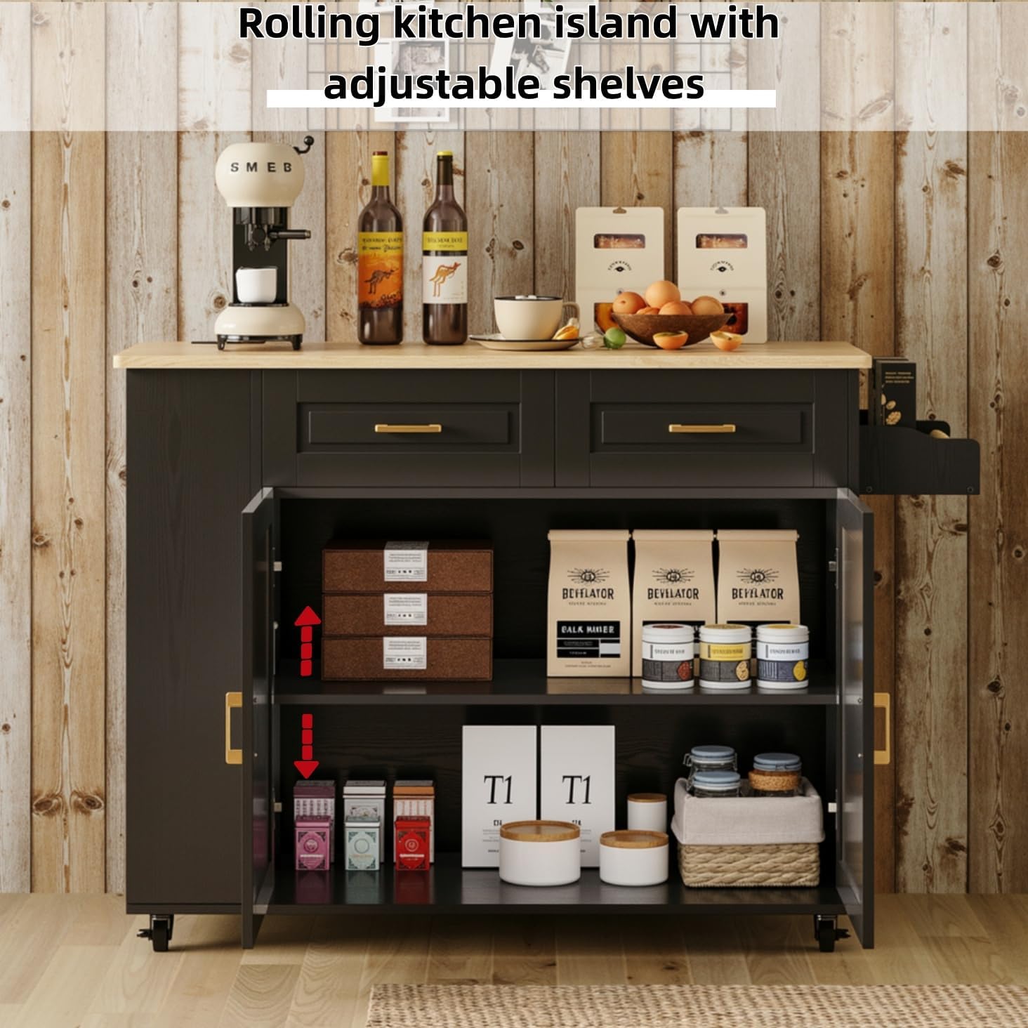 IRONCK Kitchen Island with Power Outlet & Drop Leaf, 47.2' Width Rolling Kitchen Island on Wheels with Storage, Mobile Kitchen Island Cart with Spice Rack, Open Shelves and Drawer, Black