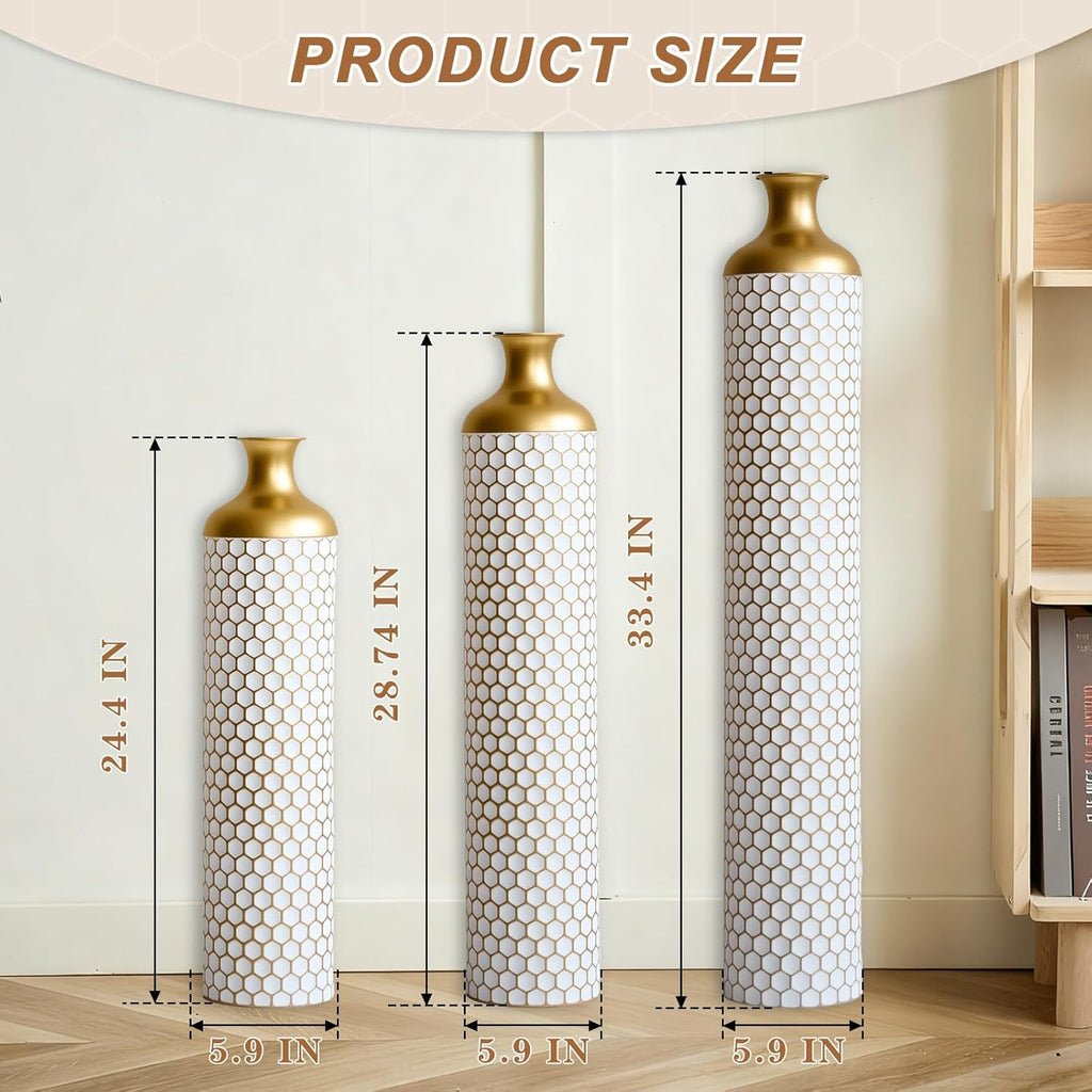3-piece/Set Large Metal Floor Vases, Decorative Tall Set of 3 Handmade Vintage Modern Home Decor Center Vases Standing Flower Holder for Home Décor Indoor (White Gold Cellular)