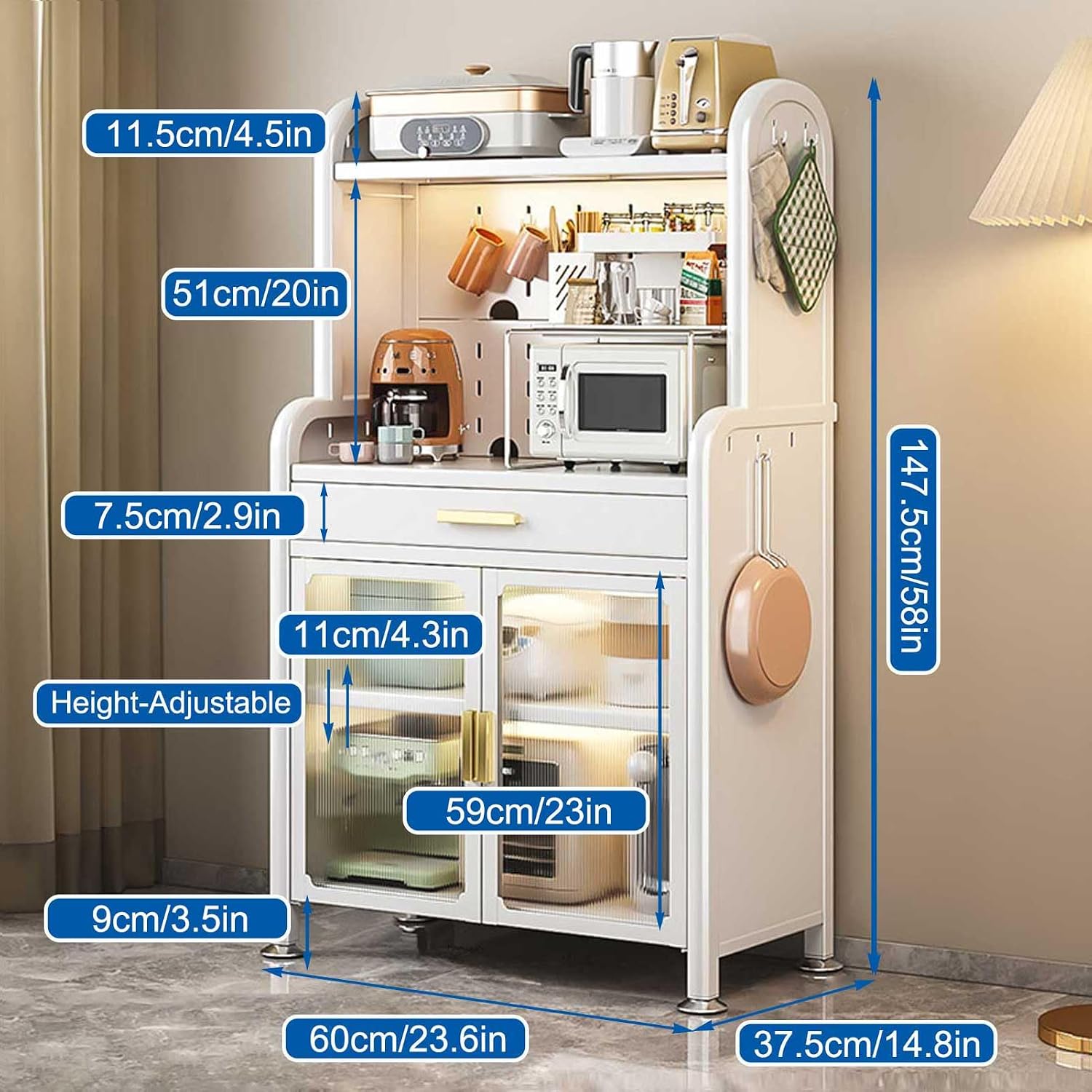 Kitchen Storage Shelf Organizer with Hooks Space Saving Rack for Pantry Organization Black 147.5×60cm Ideal for Kitchen Storage and Organization