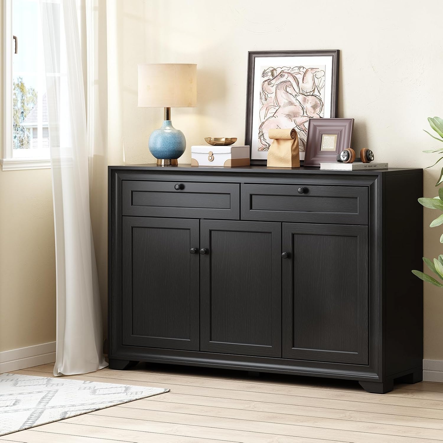 ONBRILL 48 Inches Sideboard Buffet Cabinet with Storage, Farmhouse Sideboard with 2 Drawers and 3 Doors, Wood Coffee Bar Cabinet with Adjustable Shelves for Living Room, Kitchen, Hallway, Black