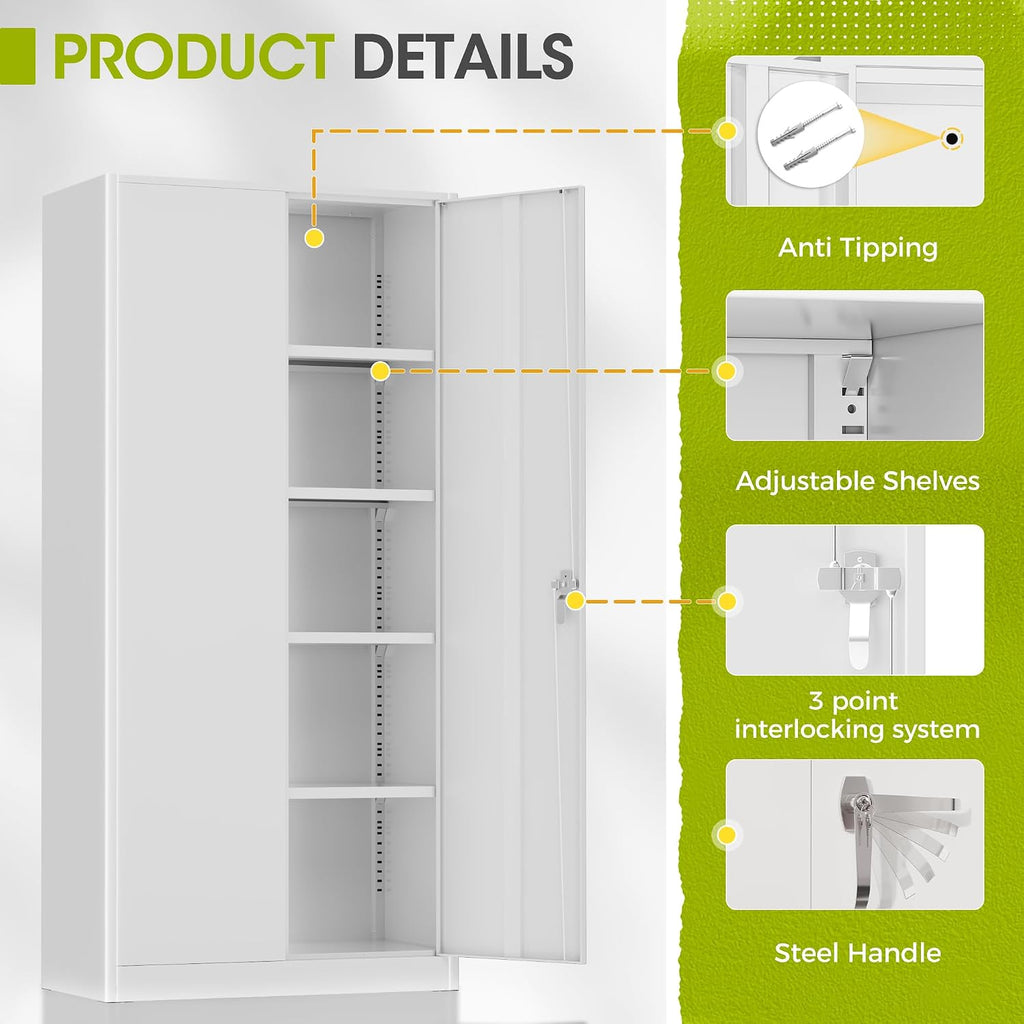 Greenvelly Metal Lockable Storage Cabinet, 72' Tall Storage Cabinet with 2 Doors and 4 Adjustable Shelves for Office, Home, Garage, Pantry (Assembly Required, 18'D, White)