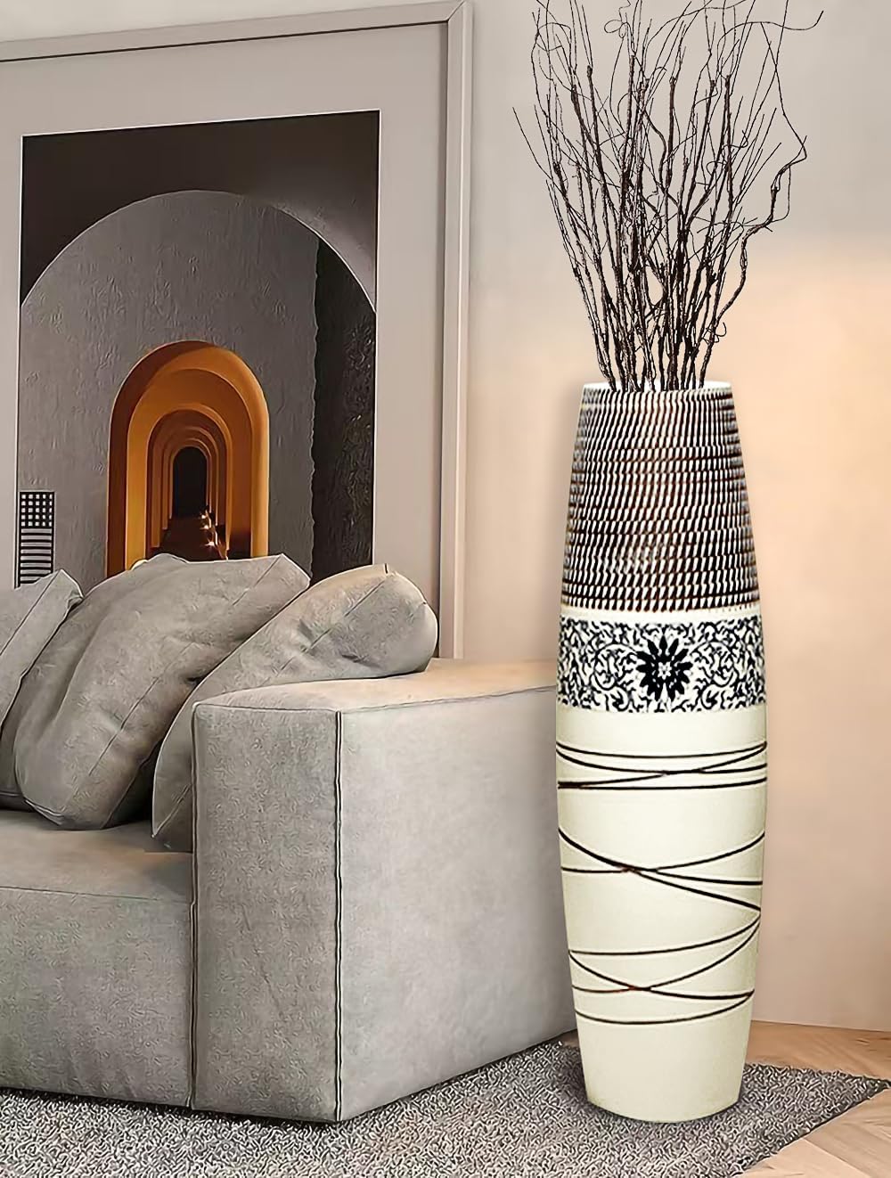 Tall Floor Vase 32 inches, Thick Ceramic Large Rustic Vases for Home Decor Living Room, Boho Textured Decorative Vases Wide Mouth Opening Corner Vase for Flowers Stems